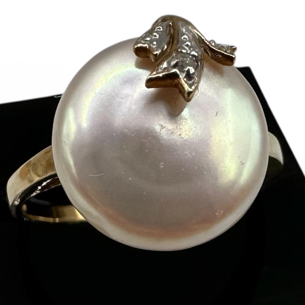 10K Solid Gold Mother of Pearl Ring with Diamond Accents, Size 6.75