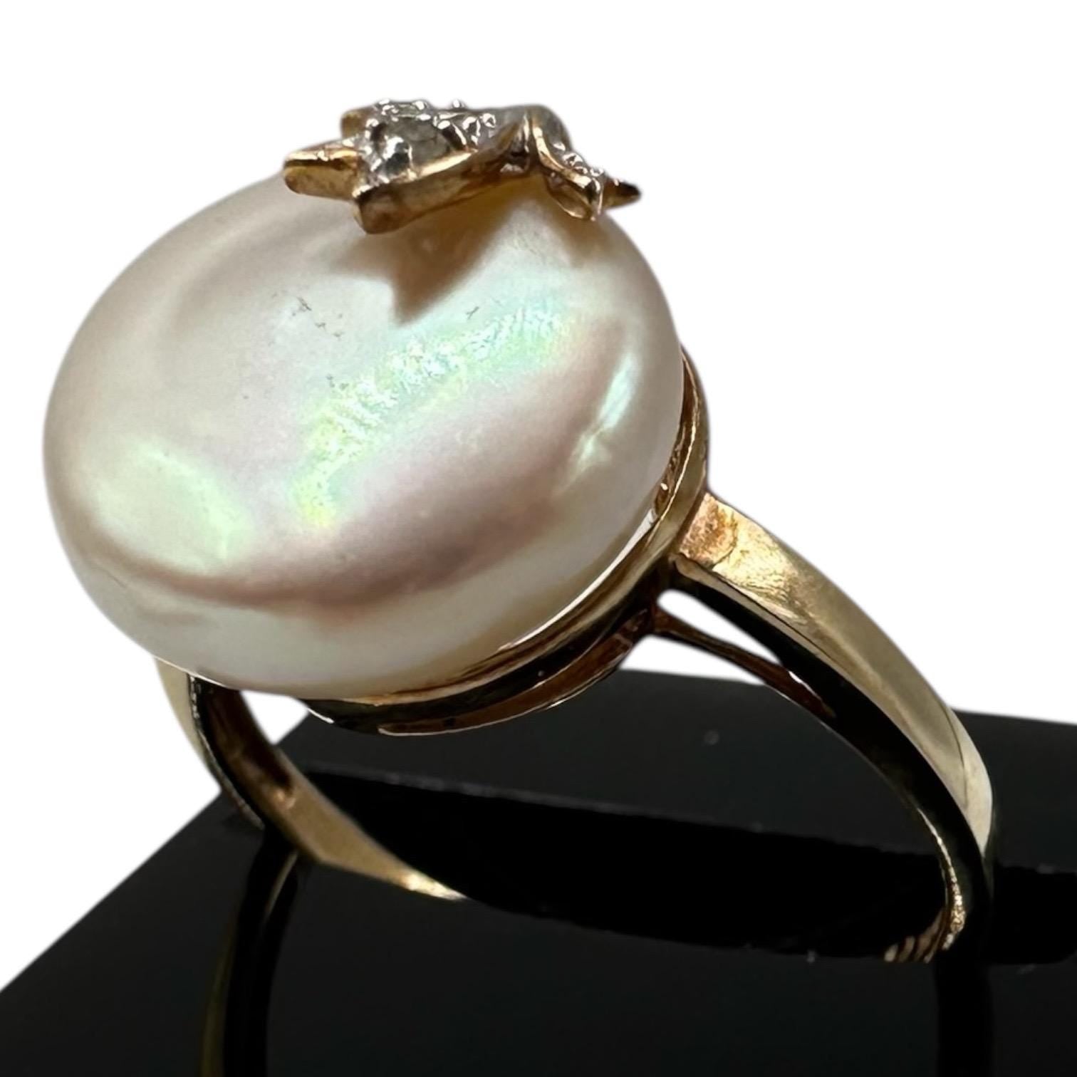 10K Solid Gold Mother of Pearl Ring with Diamond Accents, Size 6.75