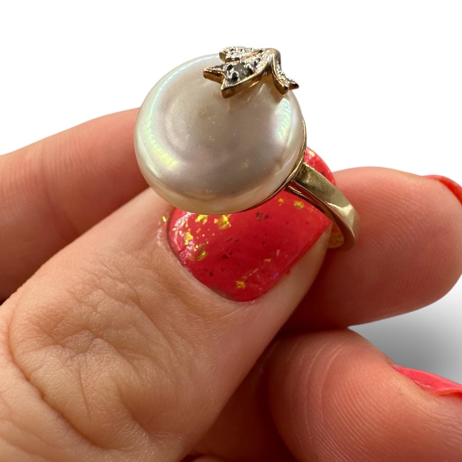 10K Solid Gold Mother of Pearl Ring with Diamond Accents, Size 6.75
