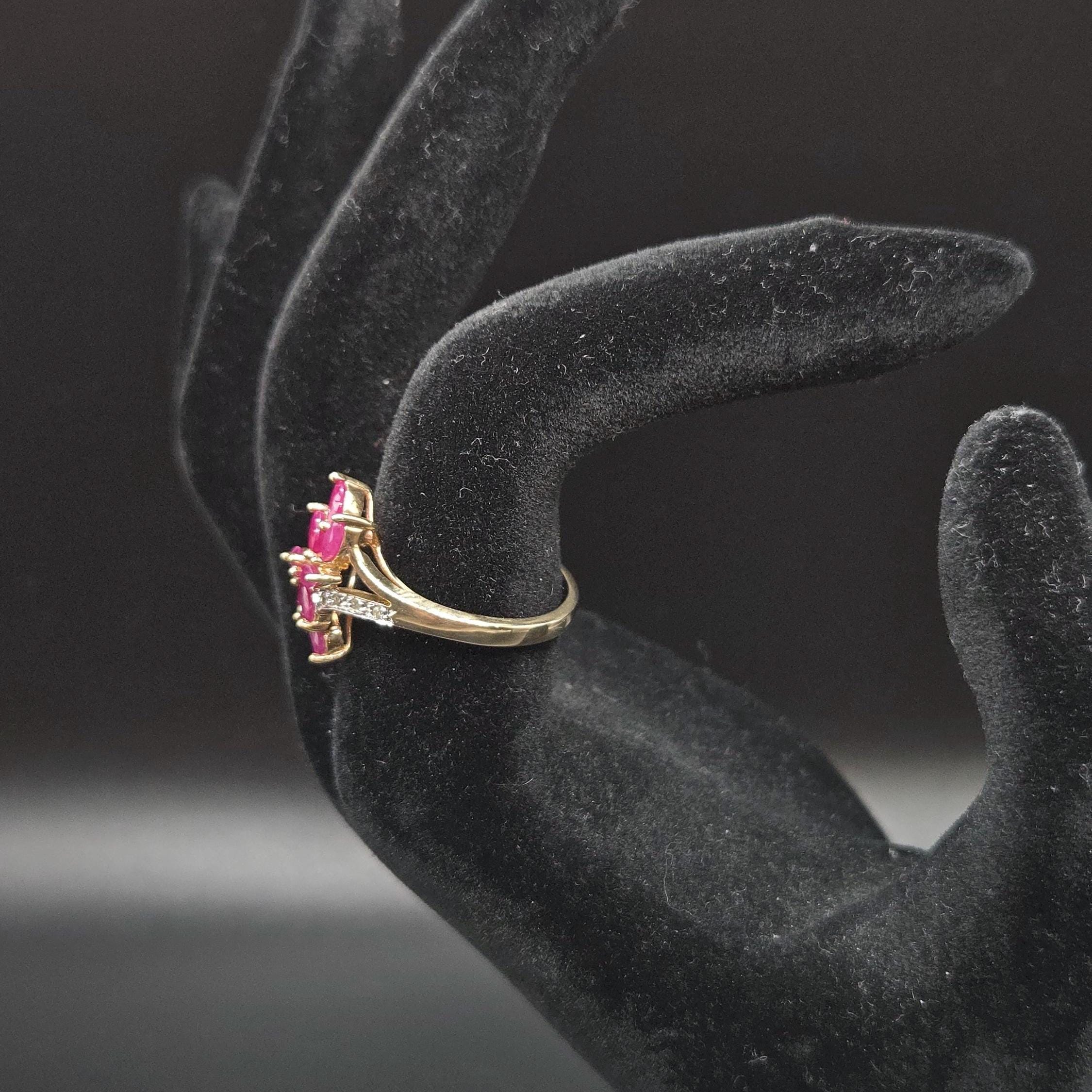 10K Solid Gold Ruby Marquise Cluster Ring with Diamond Accents, Size 6.75