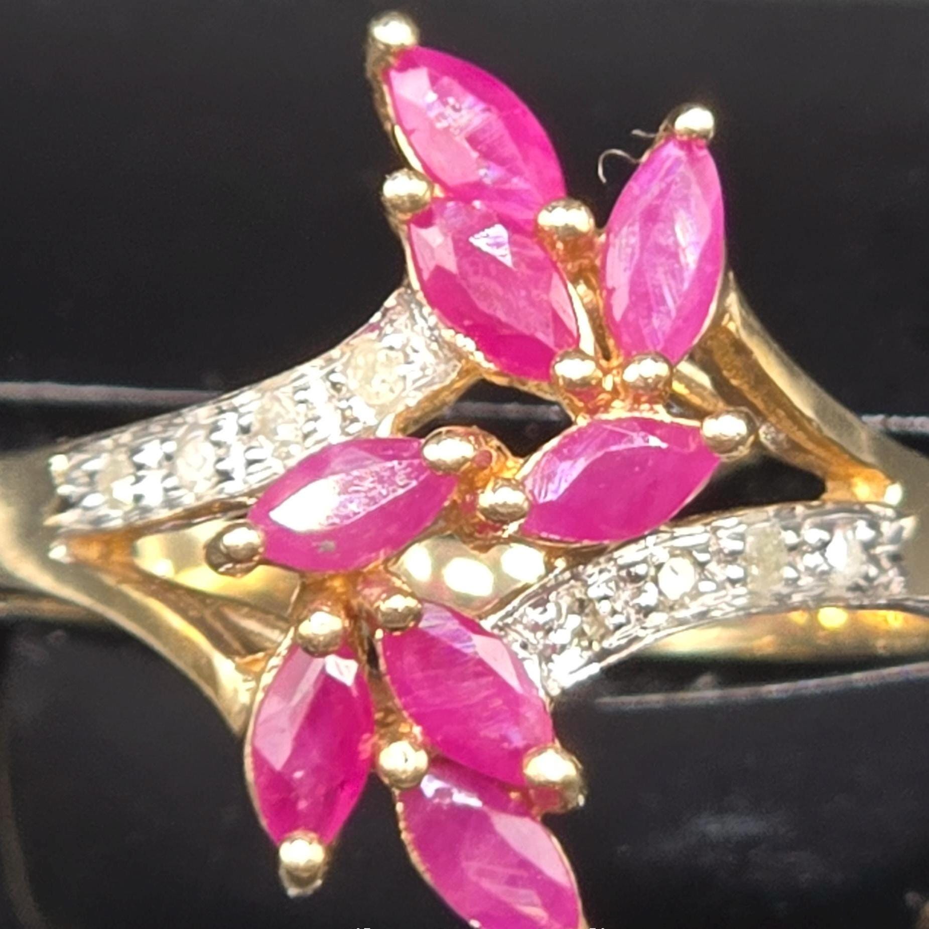 10K Solid Gold Ruby Marquise Cluster Ring with Diamond Accents, Size 6.75