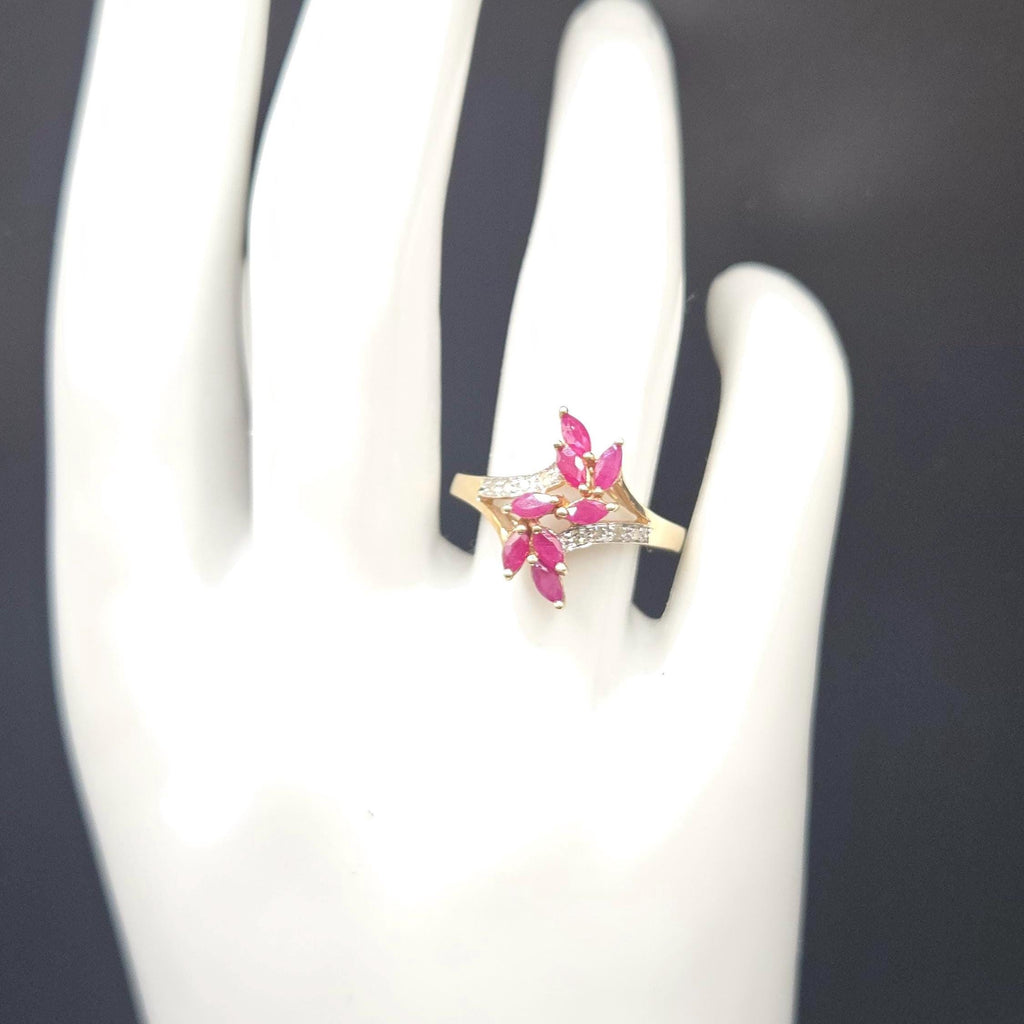 10K Solid Gold Ruby Marquise Cluster Ring with Diamond Accents, Size 6.75