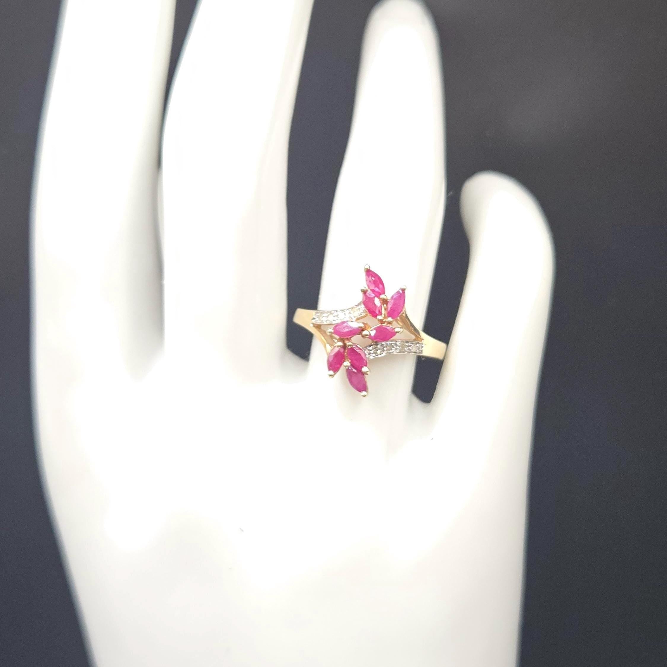 10K Solid Gold Ruby Marquise Cluster Ring with Diamond Accents, Size 6.75