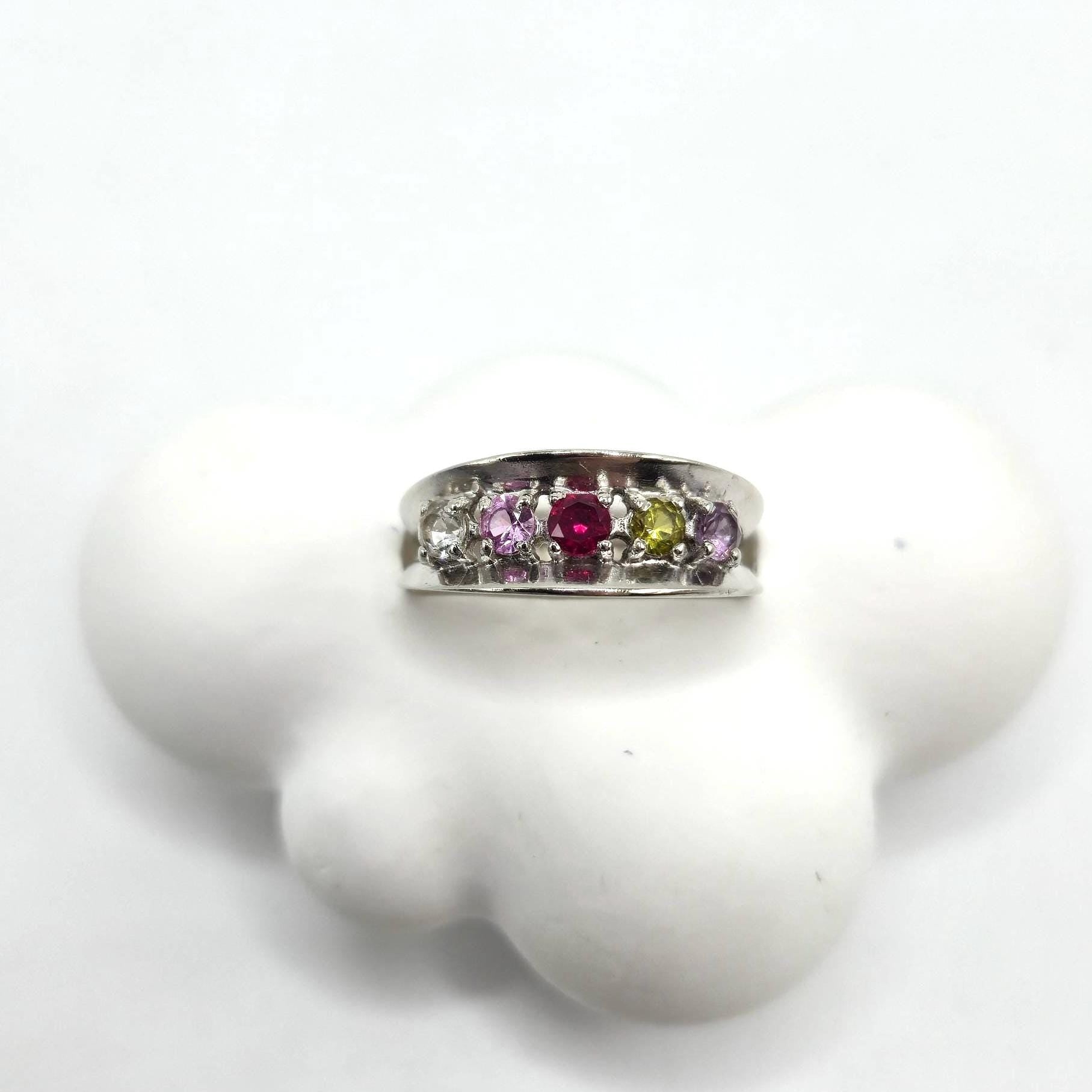 10K White Gold Multi-Gemstone Ring, Ruby, Sapphire, Peridot, Amethyst, Size 7.75 RARE