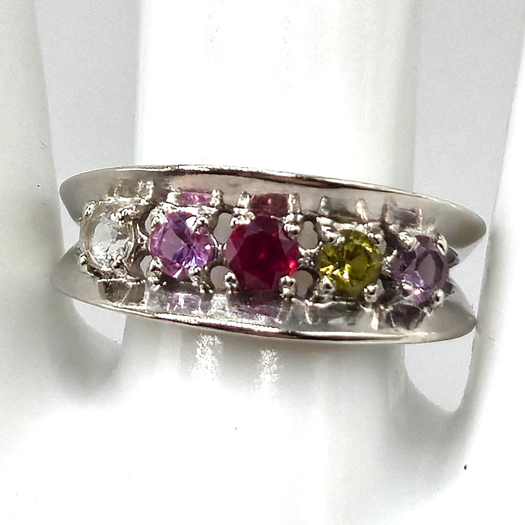 10K White Gold Multi-Gemstone Ring, Ruby, Sapphire, Peridot, Amethyst, Size 7.75 RARE