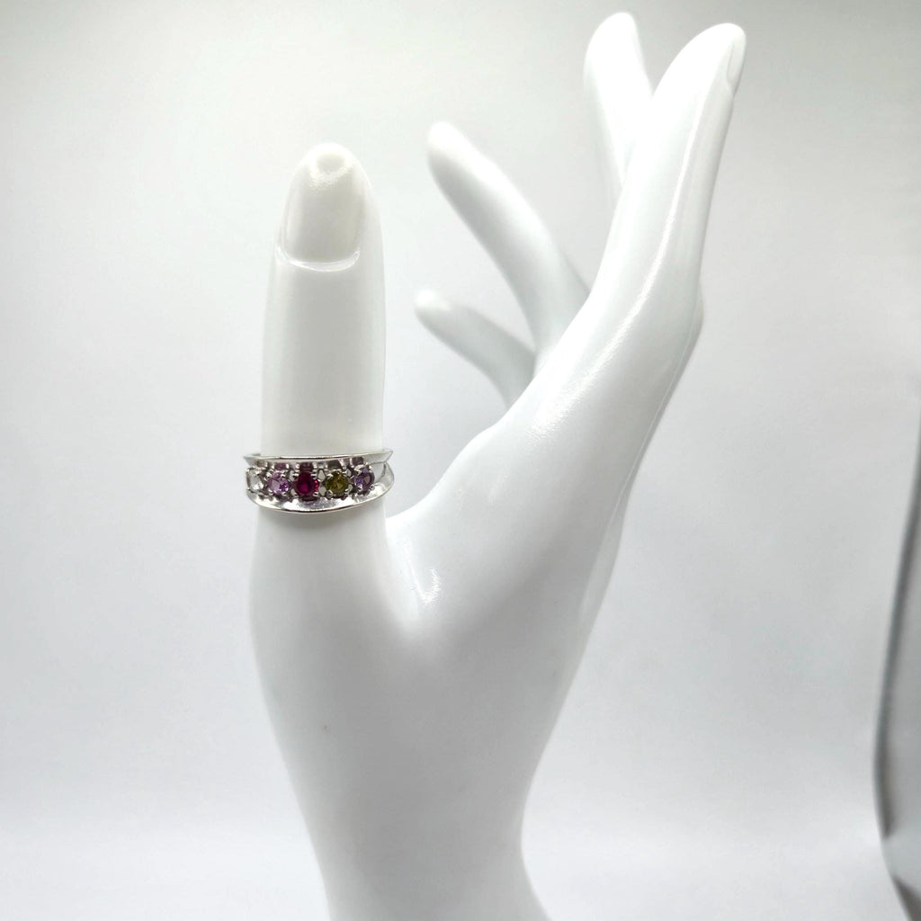 10K White Gold Multi-Gemstone Ring, Ruby, Sapphire, Peridot, Amethyst, Size 7.75 RARE