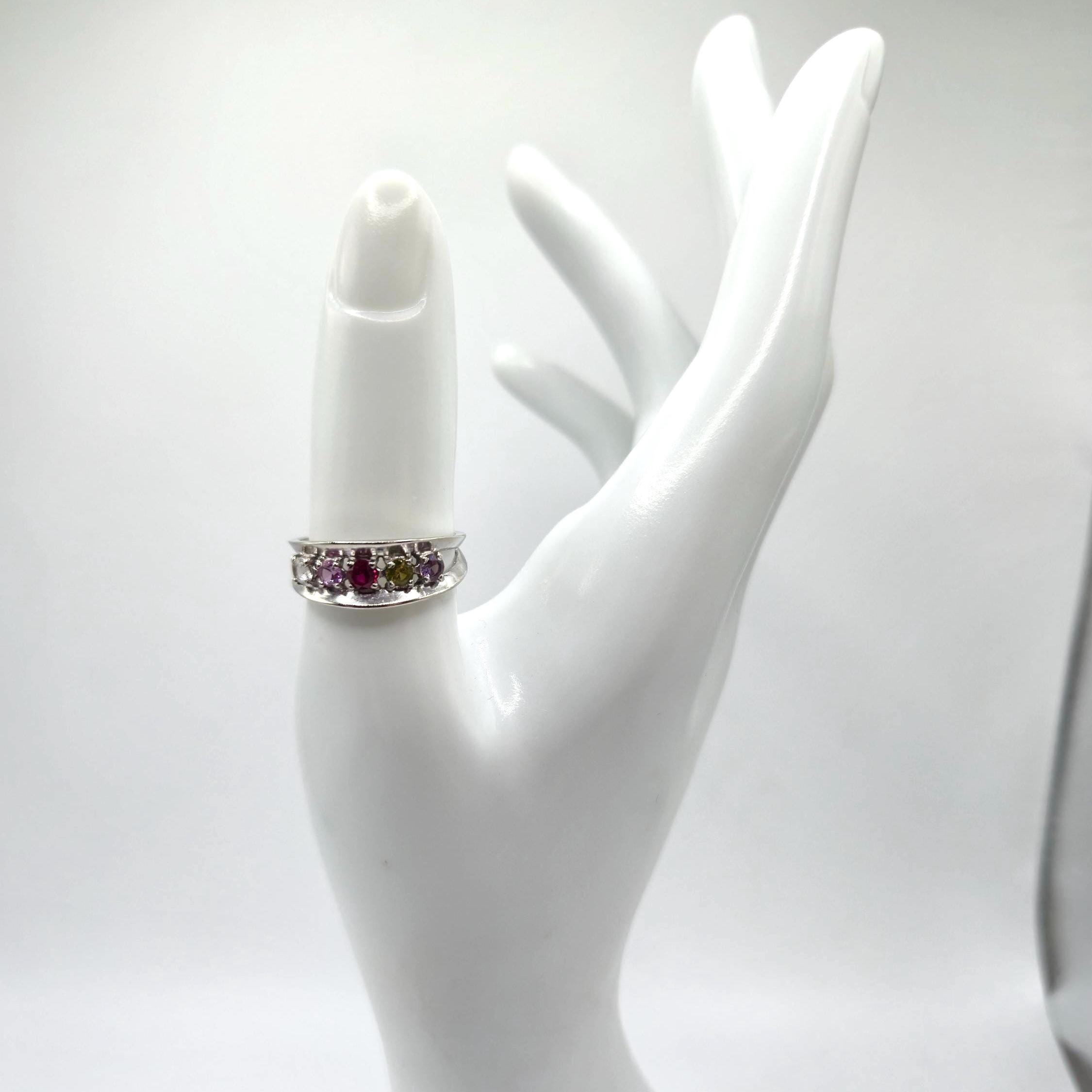 10K White Gold Multi-Gemstone Ring, Ruby, Sapphire, Peridot, Amethyst, Size 7.75 RARE