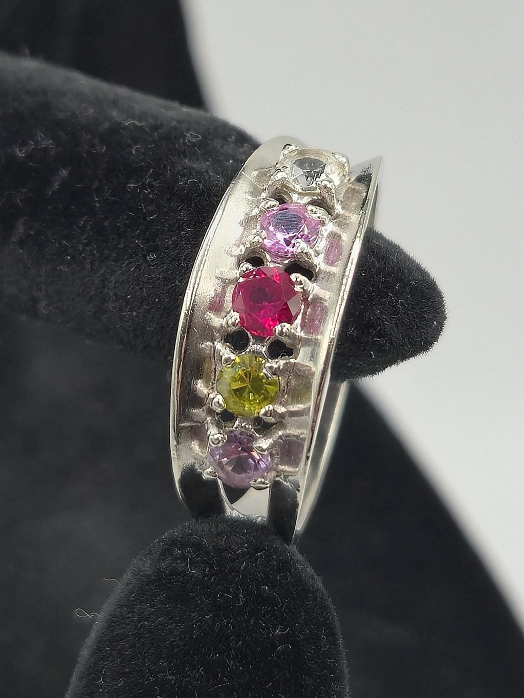 10K White Gold Multi-Gemstone Ring, Ruby, Sapphire, Peridot, Amethyst, Size 7.75 RARE