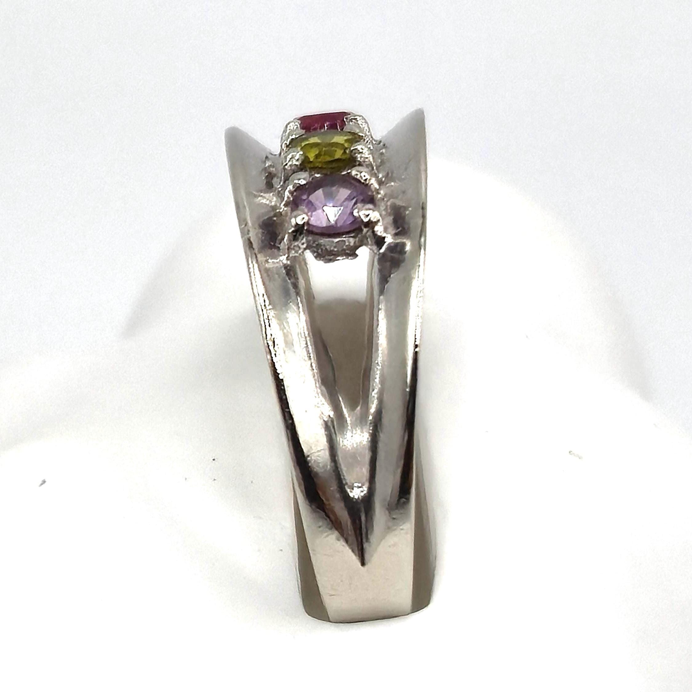 10K White Gold Multi-Gemstone Ring, Ruby, Sapphire, Peridot, Amethyst, Size 7.75 RARE