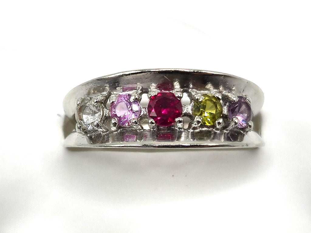 10K White Gold Multi-Gemstone Ring, Ruby, Sapphire, Peridot, Amethyst, Size 7.75 RARE