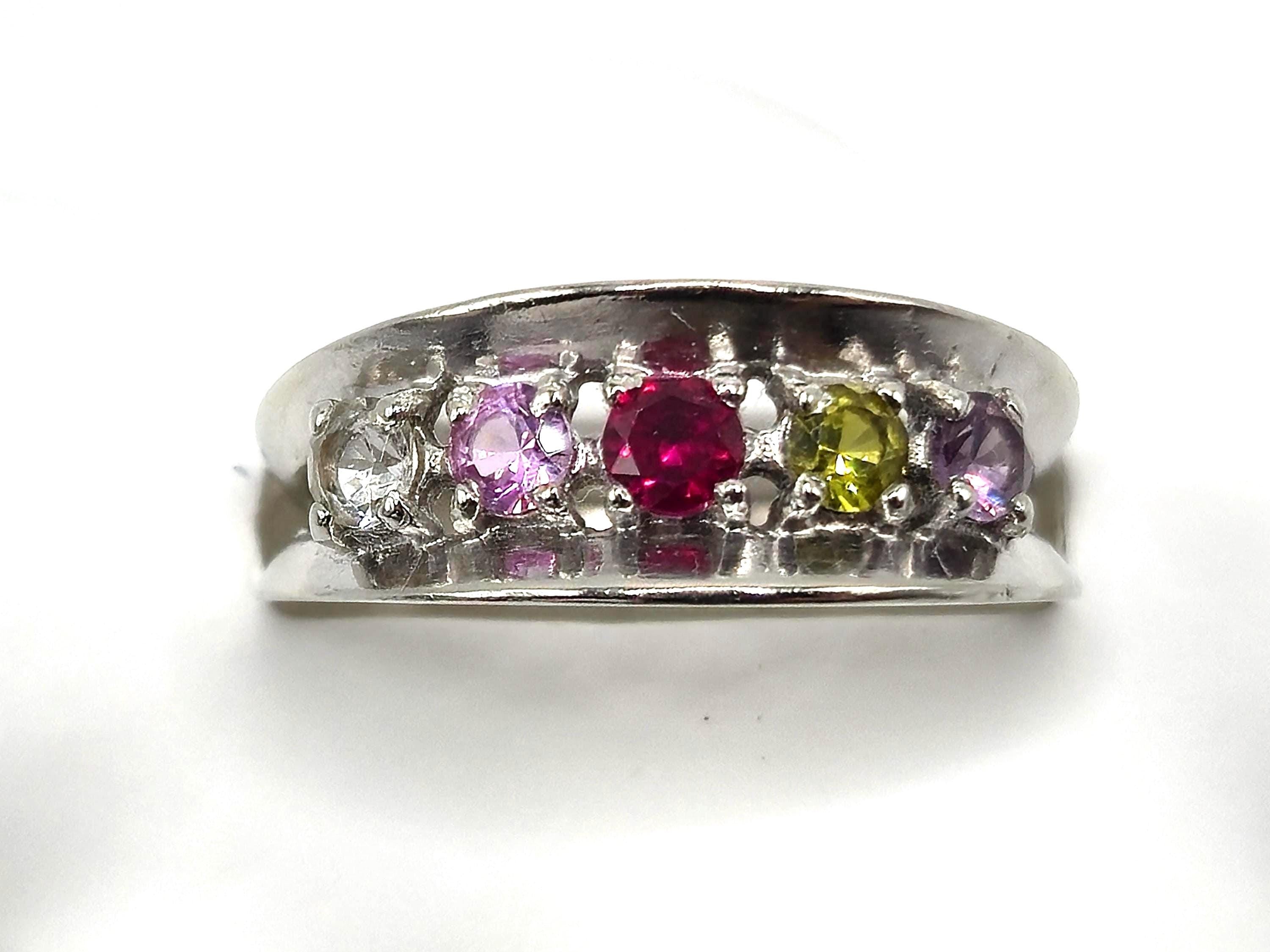 10K White Gold Multi-Gemstone Ring, Ruby, Sapphire, Peridot, Amethyst, Size 7.75 RARE