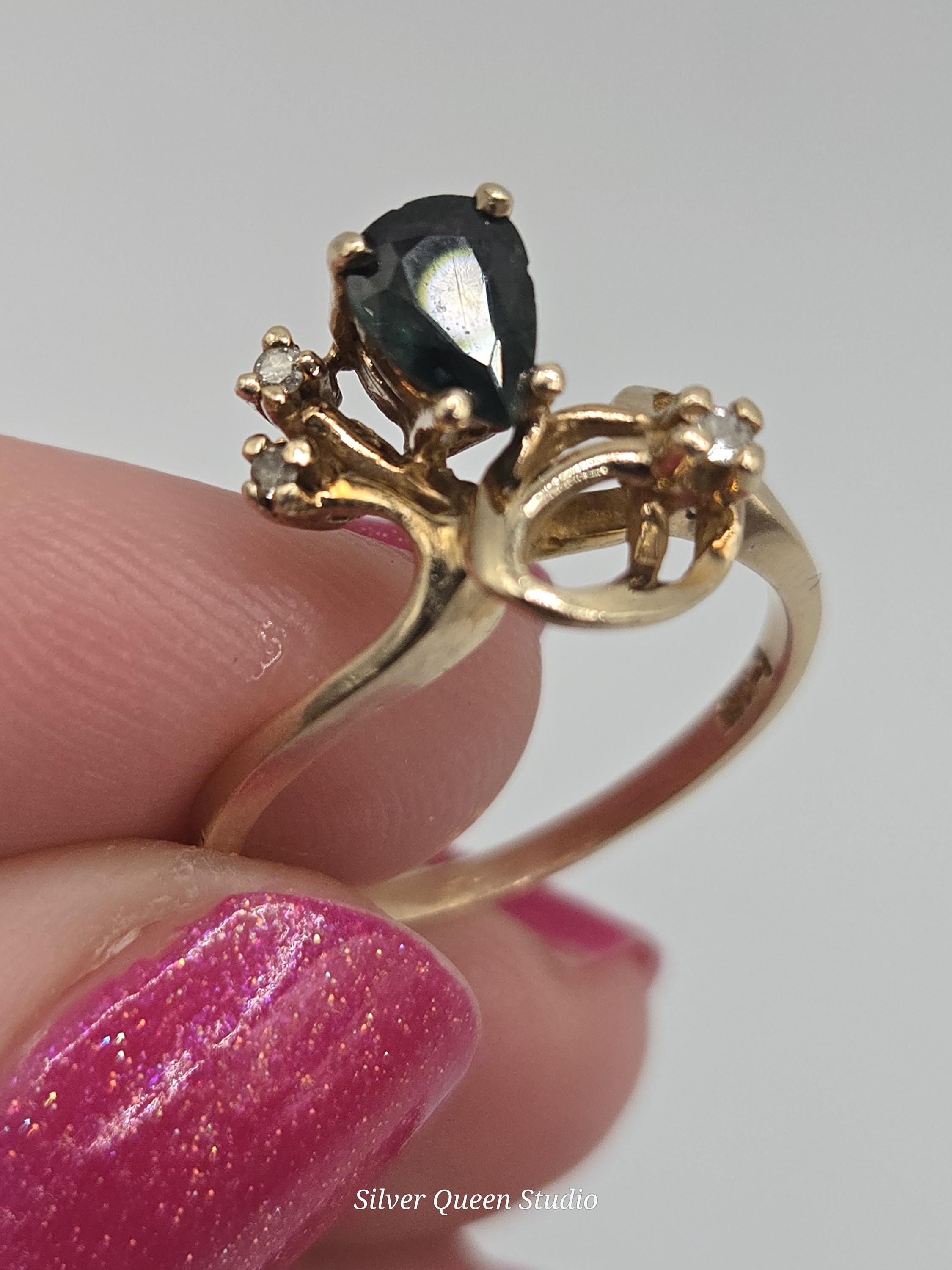 10K Yellow Gold Blue Sapphire Ring with Diamond Accents, Size 5.75, Vintage Estate Fine Jewelry