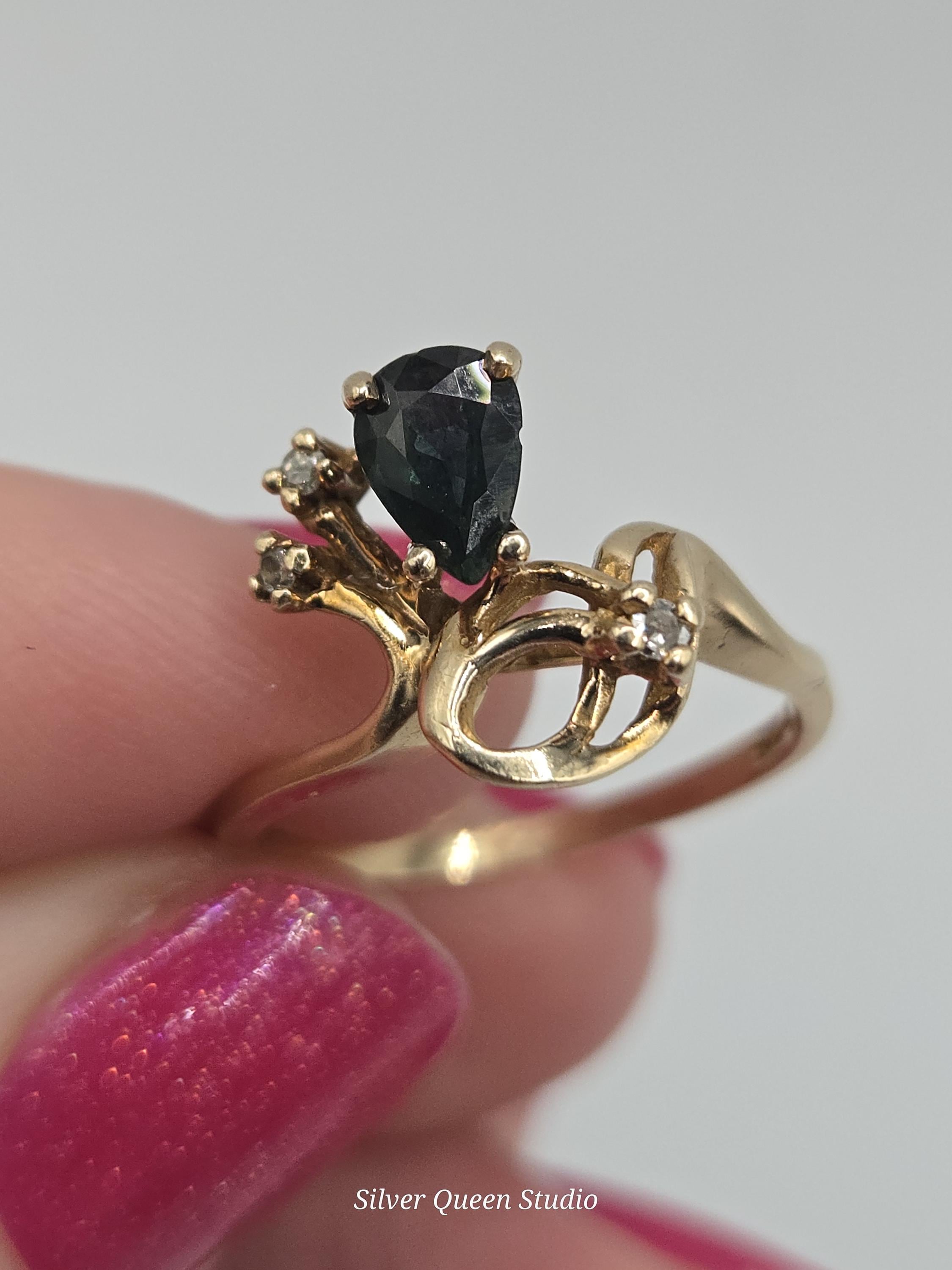 10K Yellow Gold Blue Sapphire Ring with Diamond Accents, Size 5.75, Vintage Estate Fine Jewelry