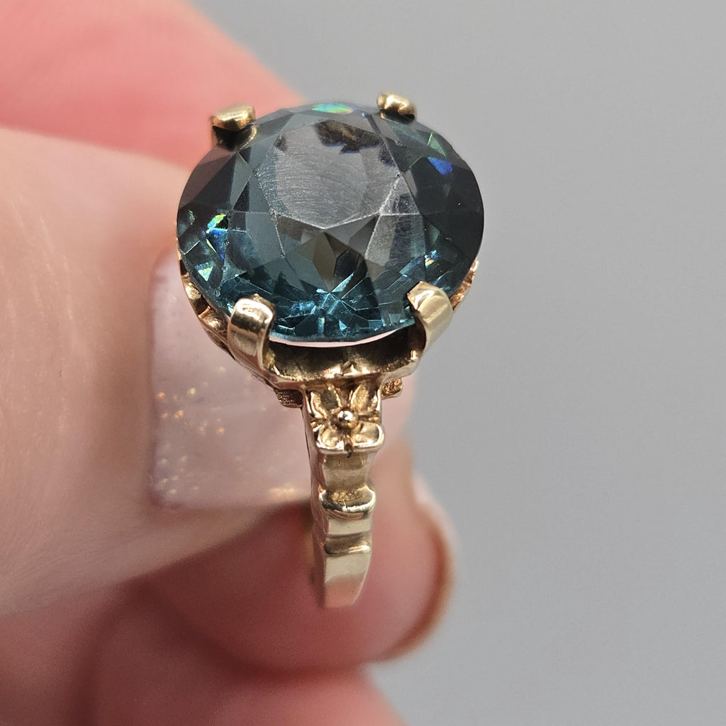 10k Solid Gold Teal CZ Ring, Round Cut, Size 5