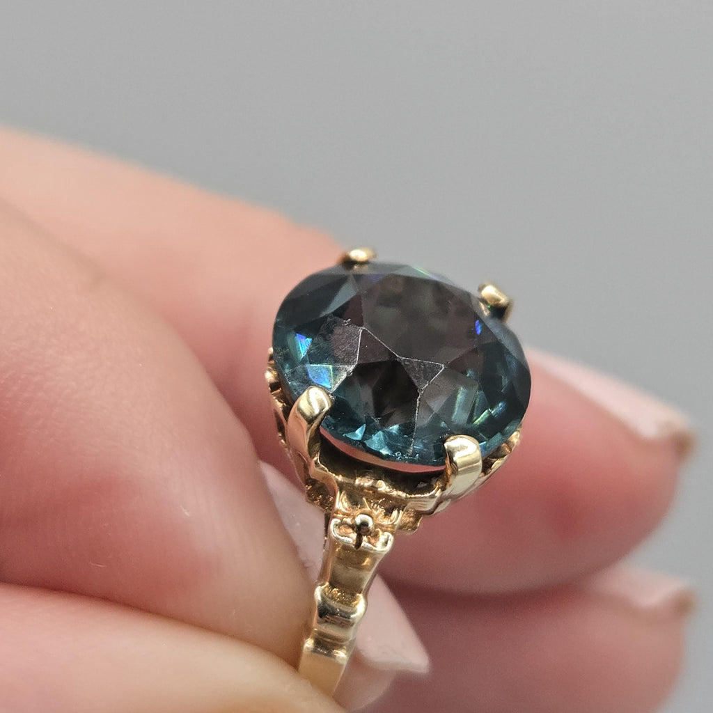 10k Solid Gold Teal CZ Ring, Round Cut, Size 5