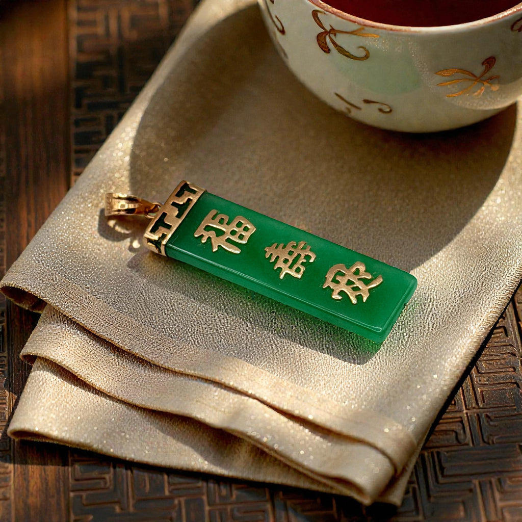 Solid 14K Yellow Gold Asian Necklace Pendant with Green Jade