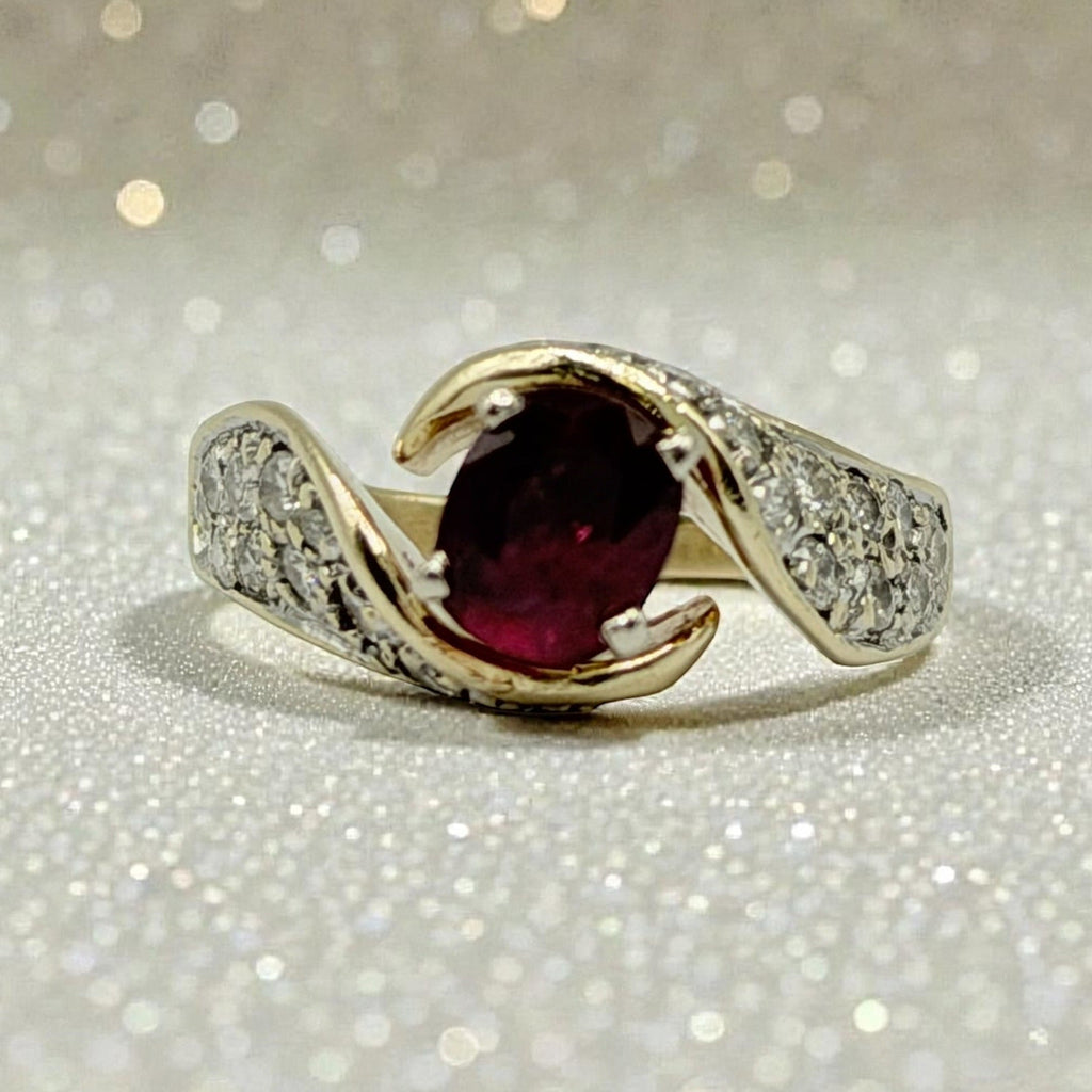 Solid 14K Yellow Gold Ruby Ring with 24 Diamond Accents – Size 5.5