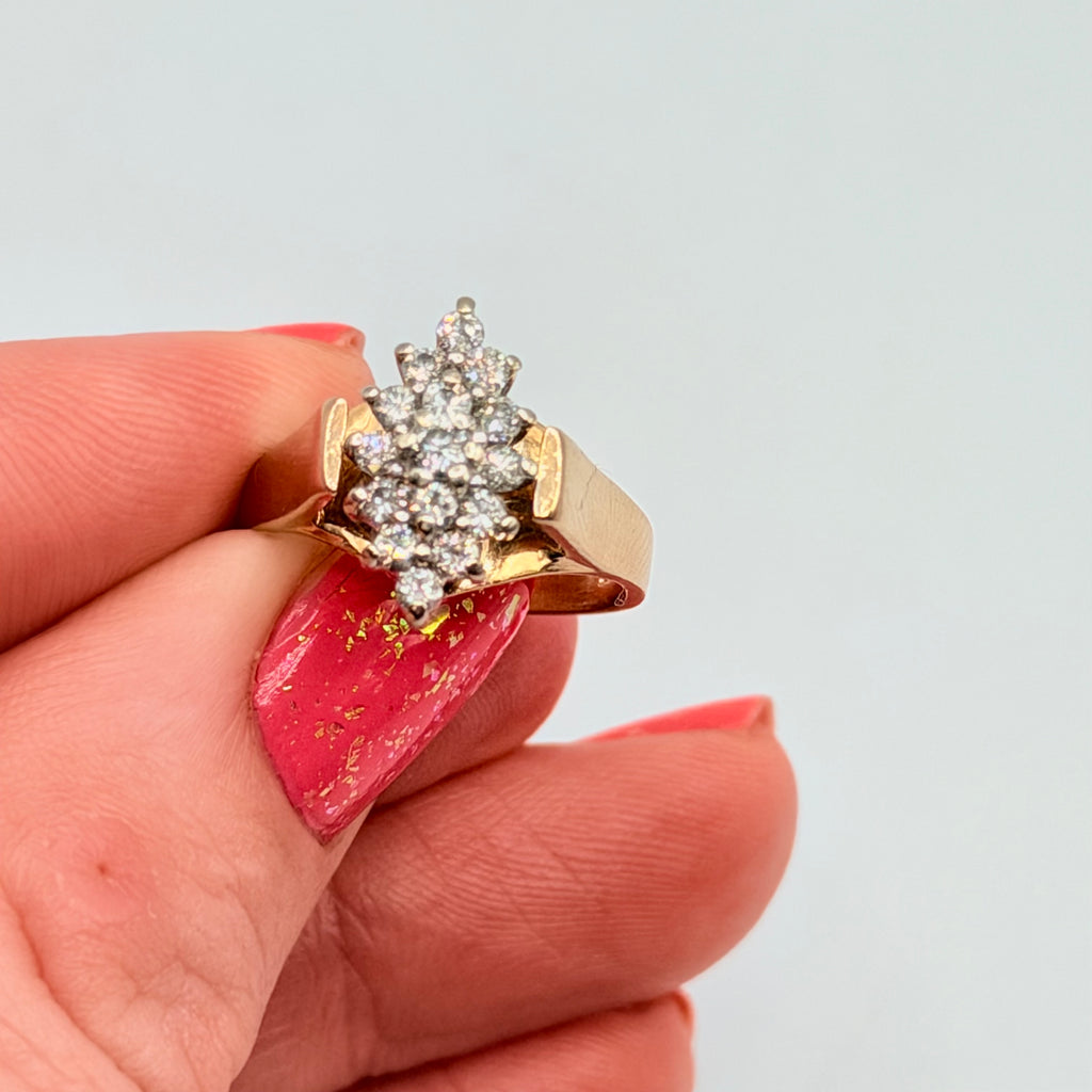 Magic Glo Solid 14KP Yellow Gold Ring with Diamond Cluster – Size 5.25