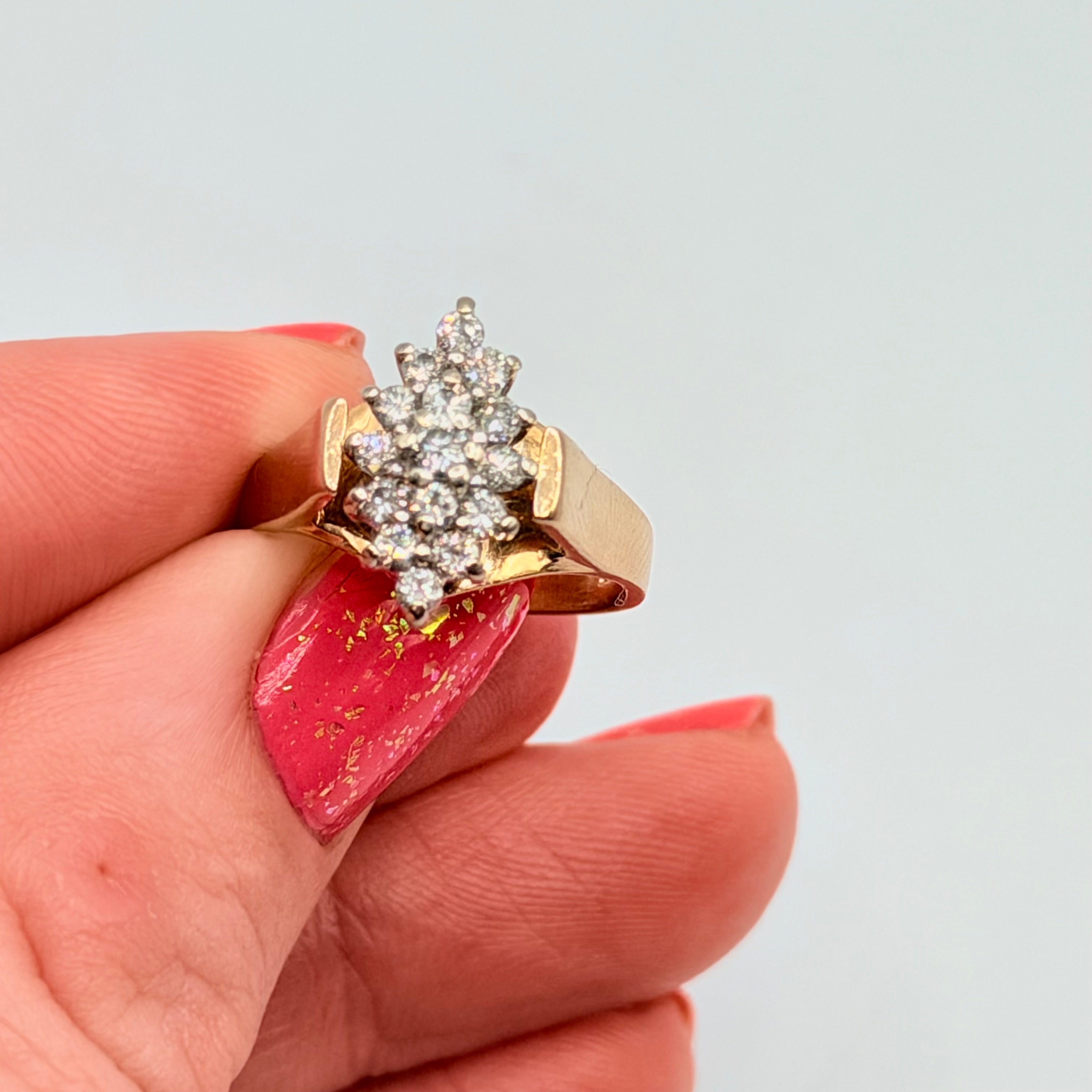 Magic Glo Solid 14KP Yellow Gold Ring with Diamond Cluster – Size 5.25