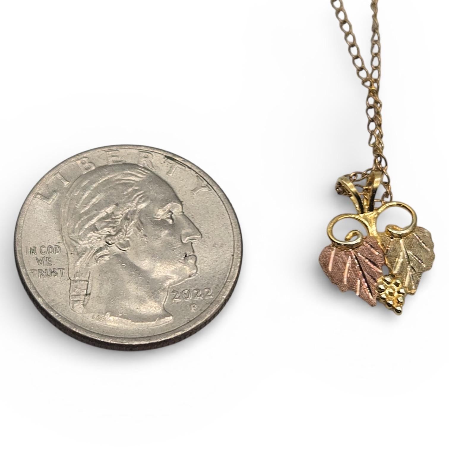 12K Solid Gold Black Hills Gold Grape Leaf Pendant Necklace, 19 Inch Gold Filled Chain