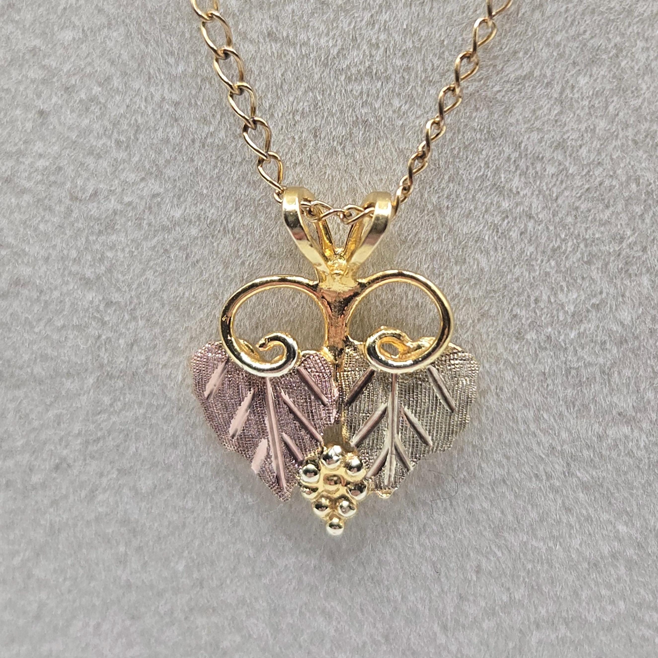 12K Solid Gold Black Hills Gold Grape Leaf Pendant Necklace, 19 Inch Gold Filled Chain