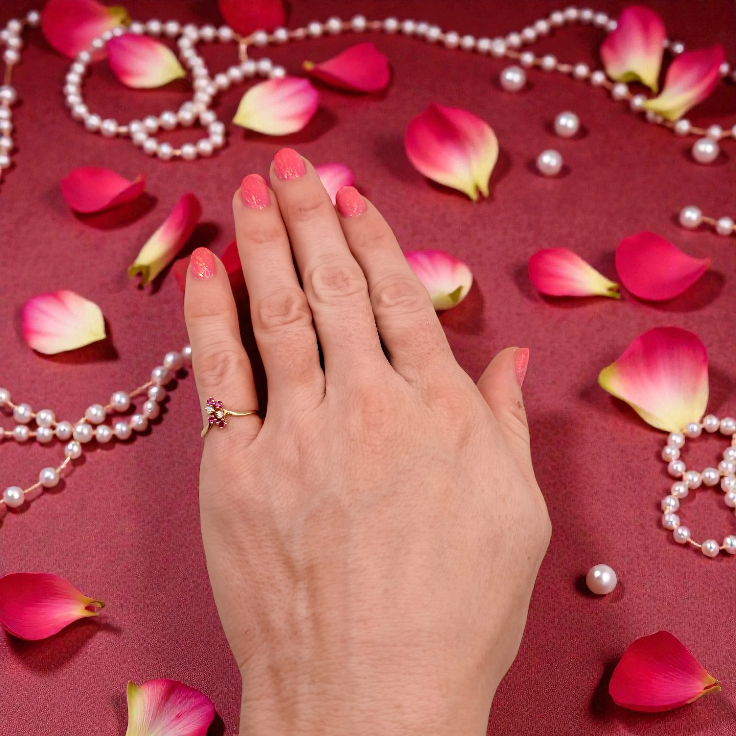 Solid 14K Yellow Gold Ring with Round Cut Ruby and Gemstone Cluster Size 5.5