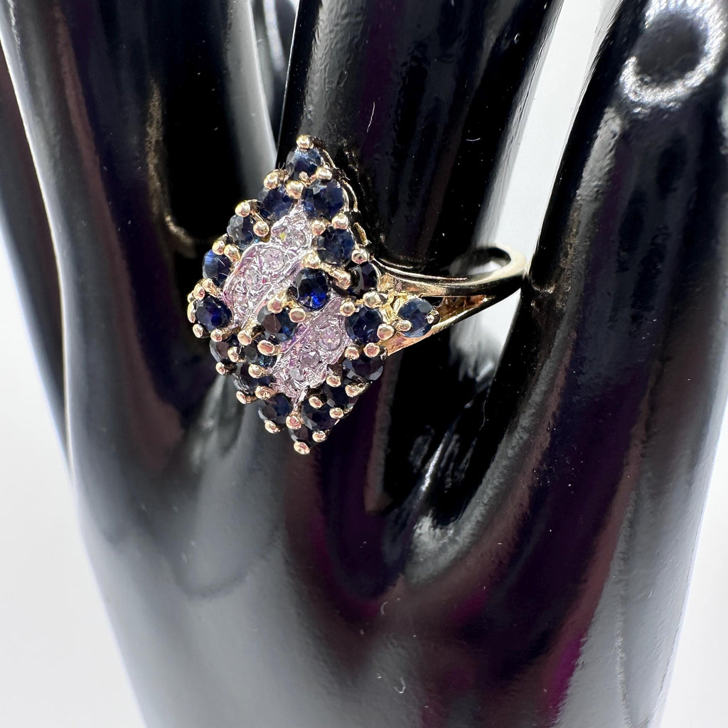 14KP (Plum Exact Purity) Gold Vintage Ring with Sapphires and Diamonds Size 6.75