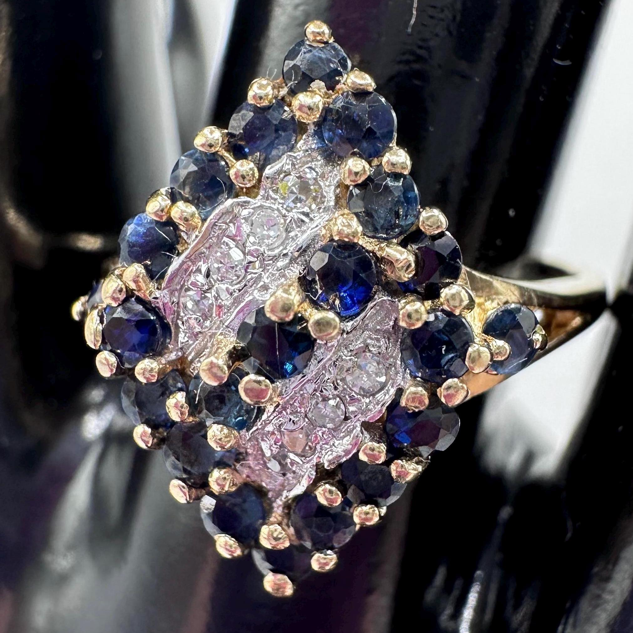 14KP (Plum Exact Purity) Gold Vintage Ring with Sapphires and Diamonds Size 6.75
