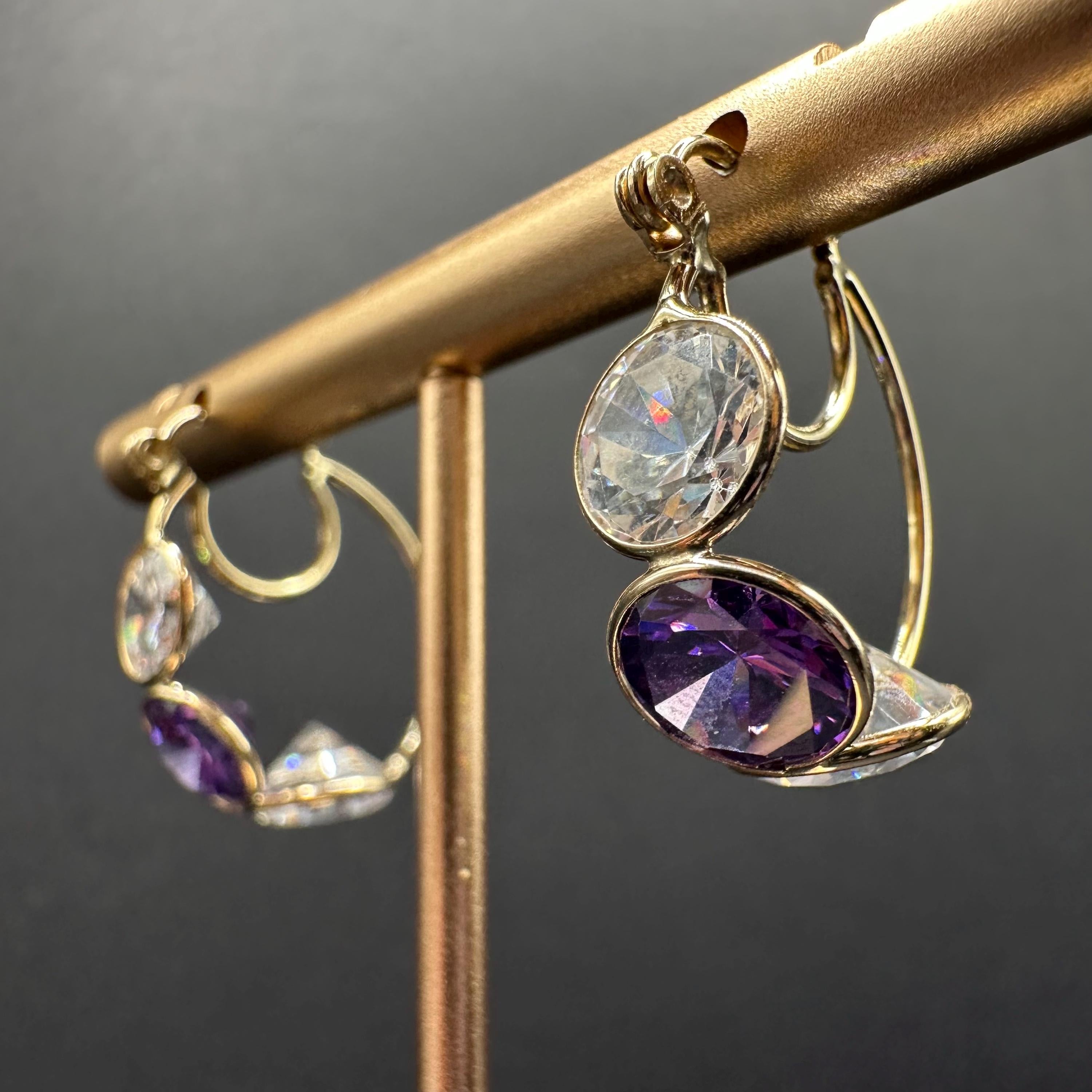 14K Gold Hoop Earrings with Purple and Clear