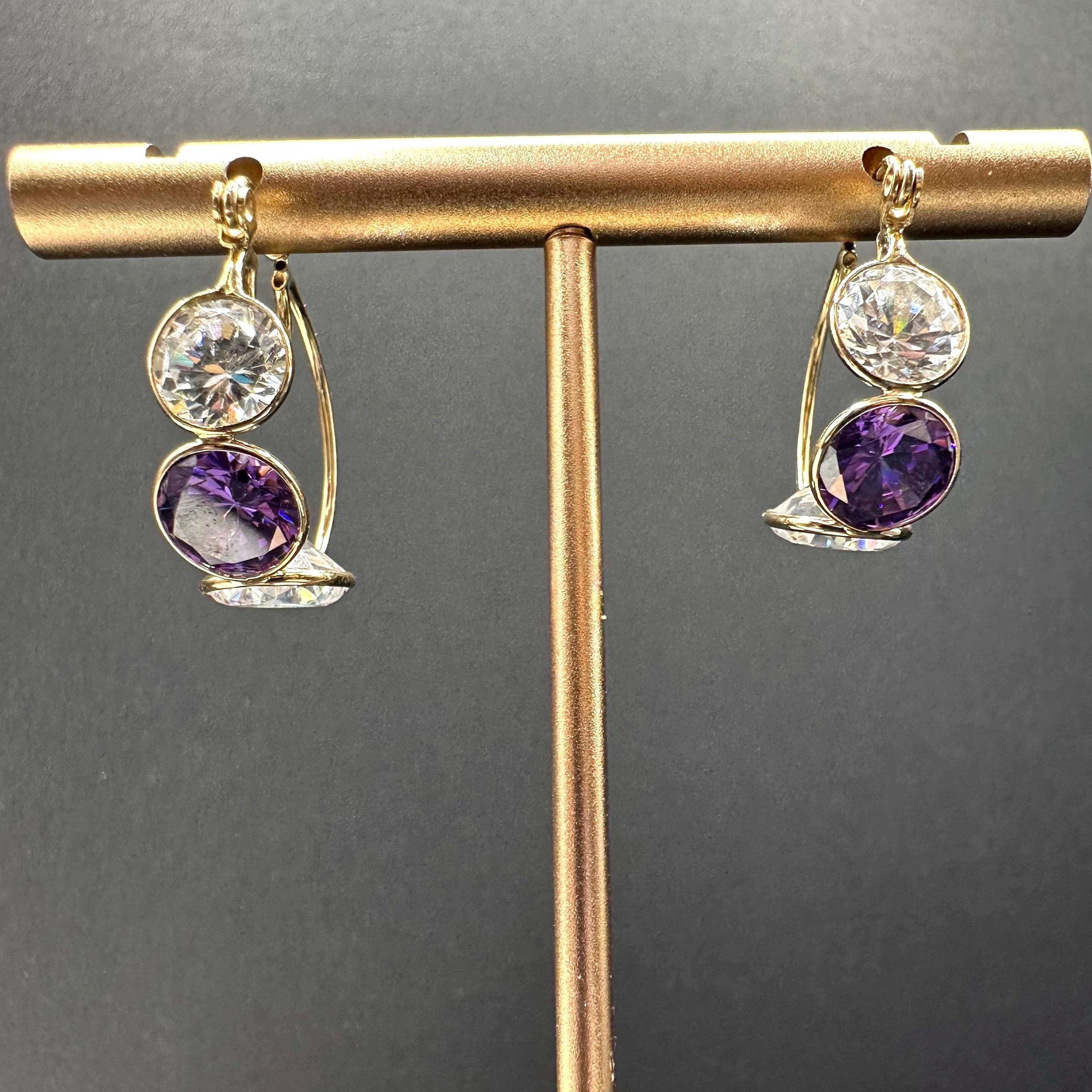 14K Gold Hoop Earrings with Purple and Clear