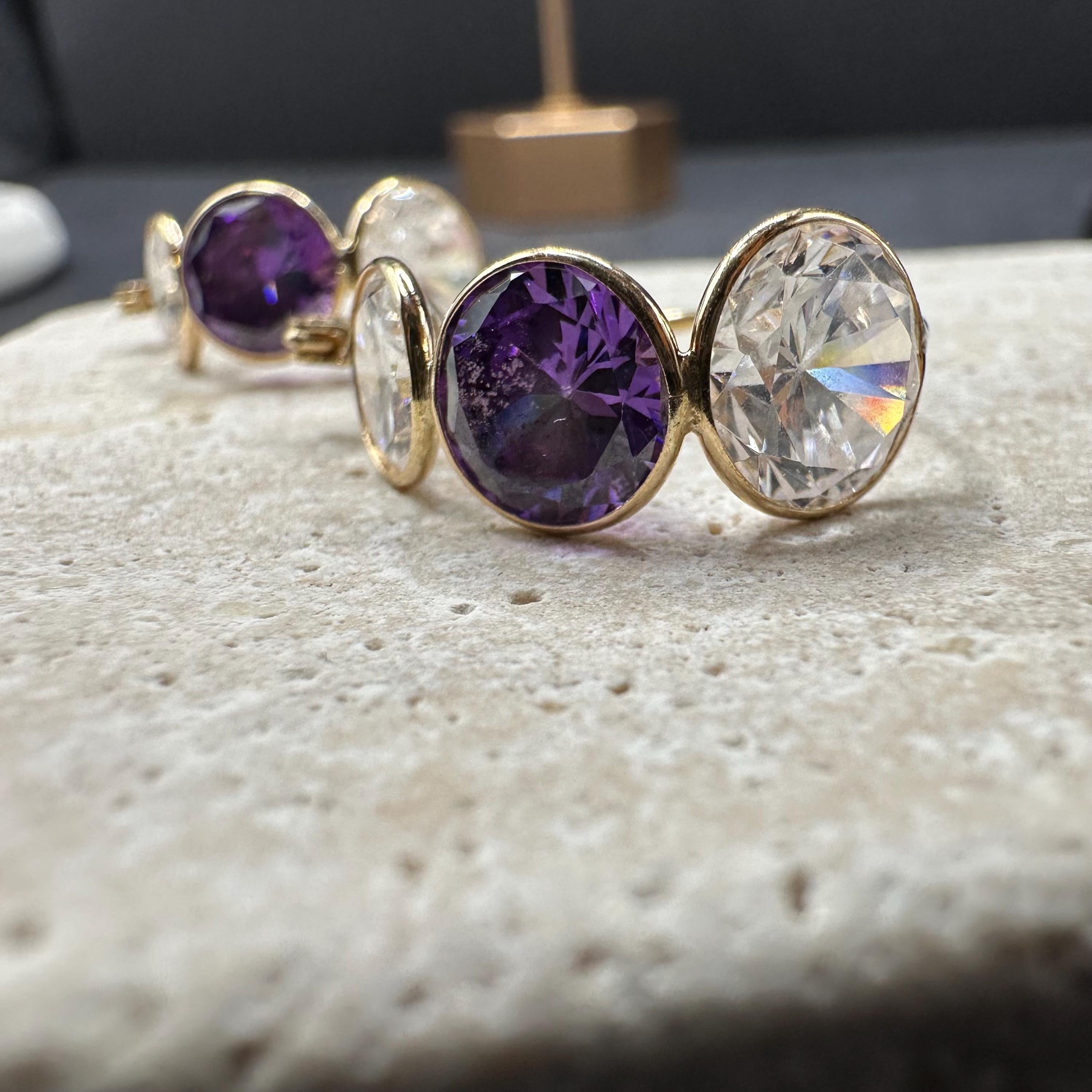 14K Gold Hoop Earrings with Purple and Clear