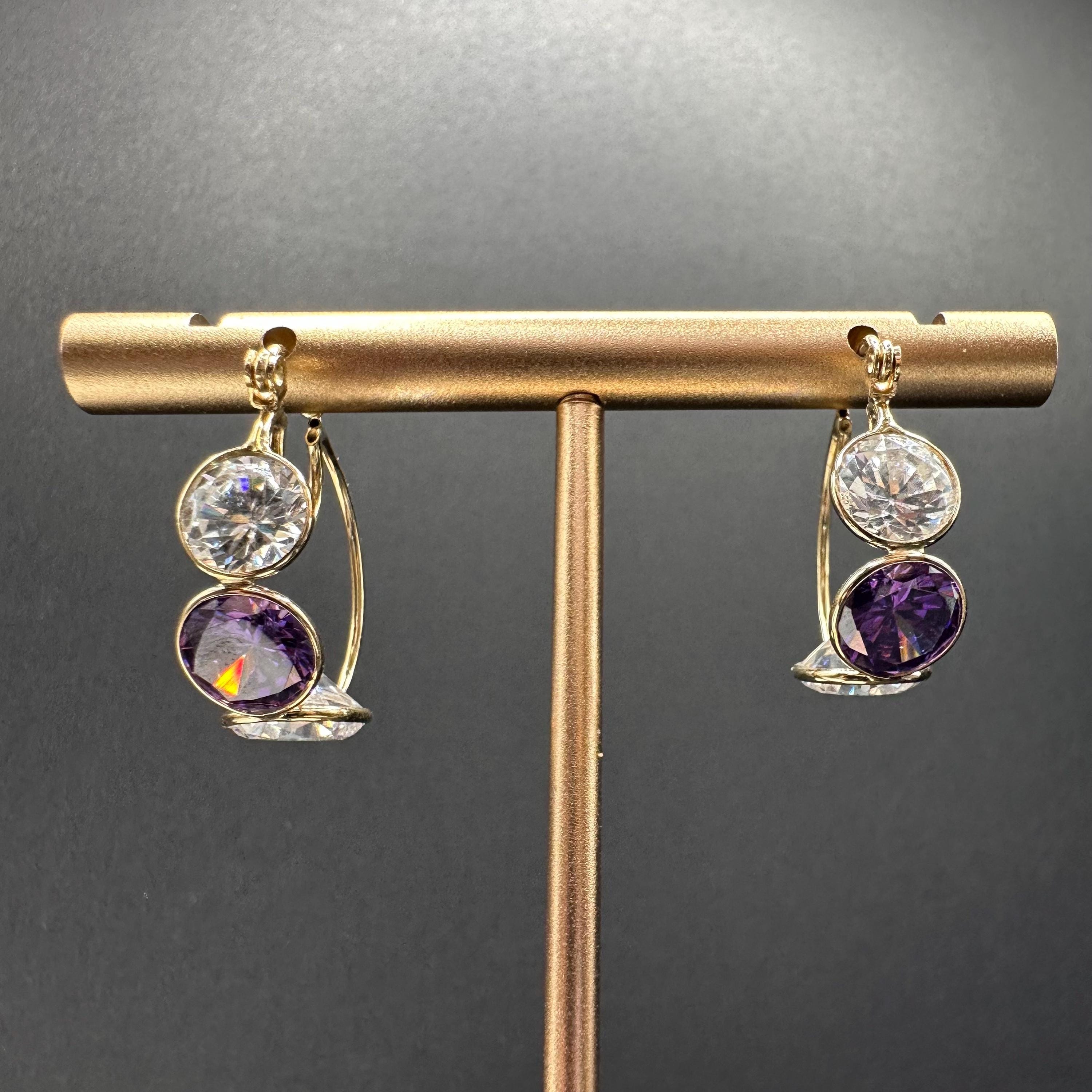 14K Gold Hoop Earrings with Purple and Clear