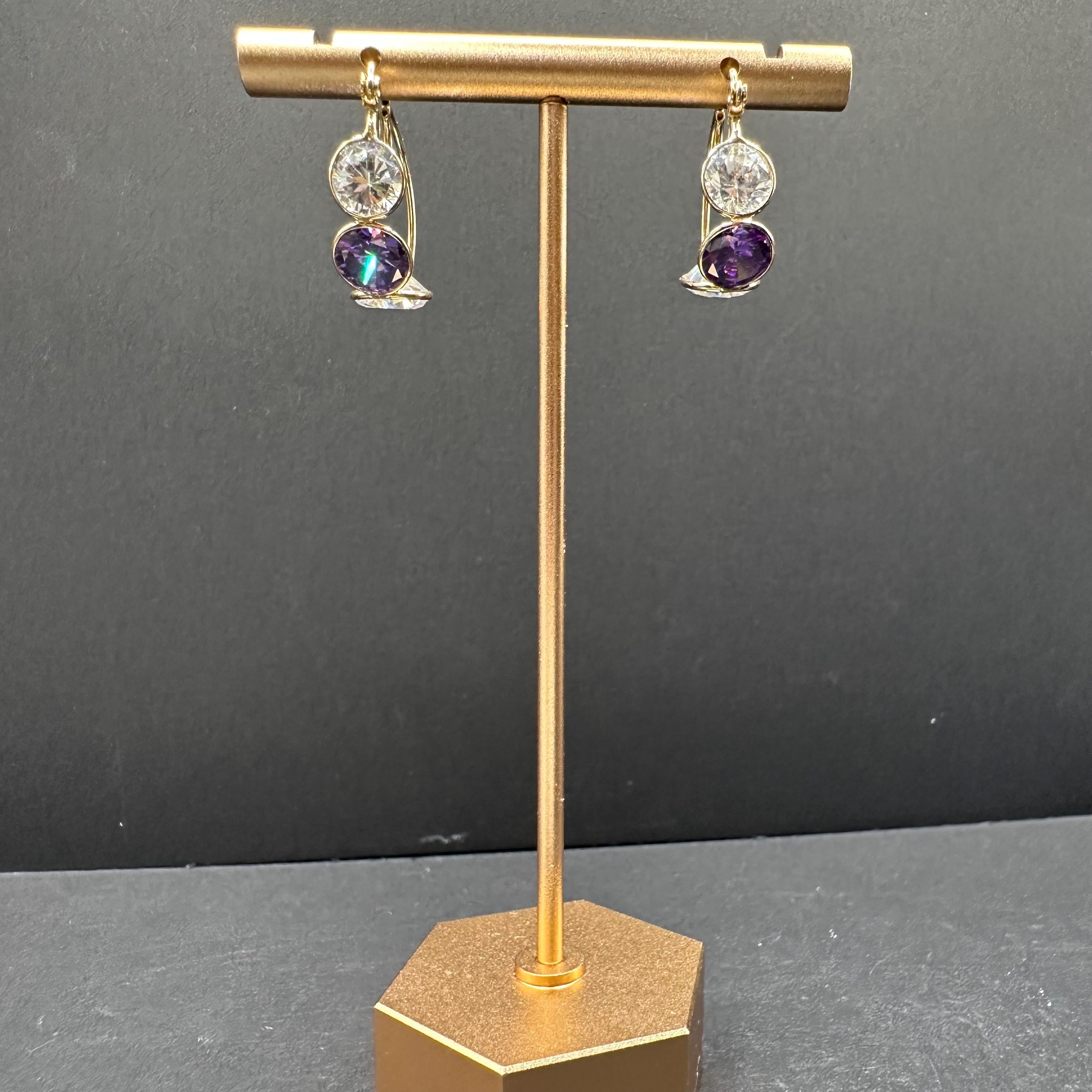 14K Gold Hoop Earrings with Purple and Clear