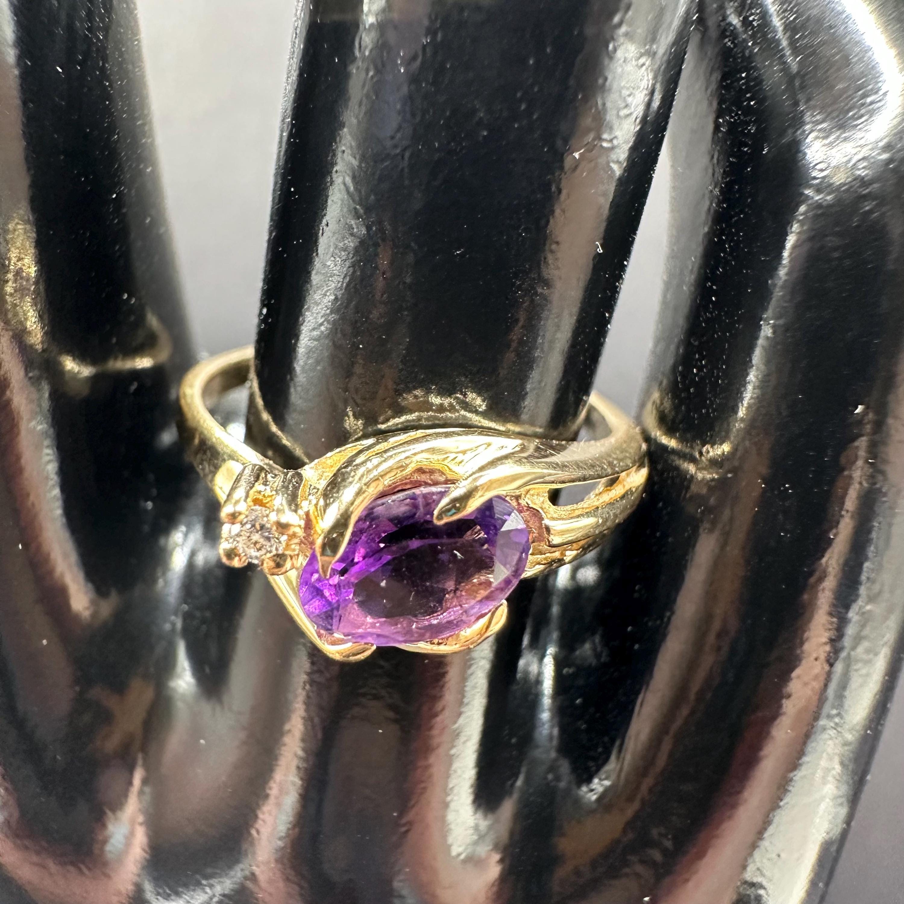 14K Gold Ring with Amethyst and Diamond Accent Size 6.25