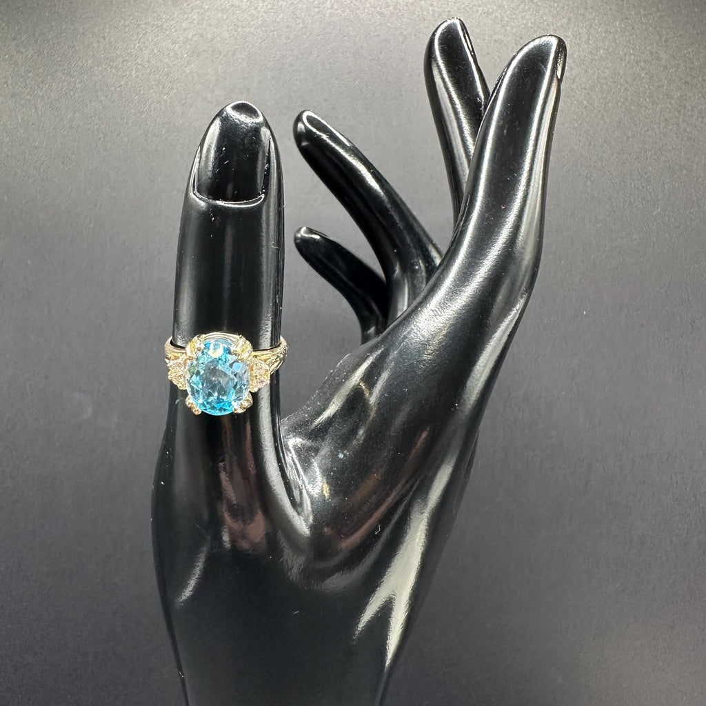 14K Gold Ring with Blue Topaz and Diamonds Size 7