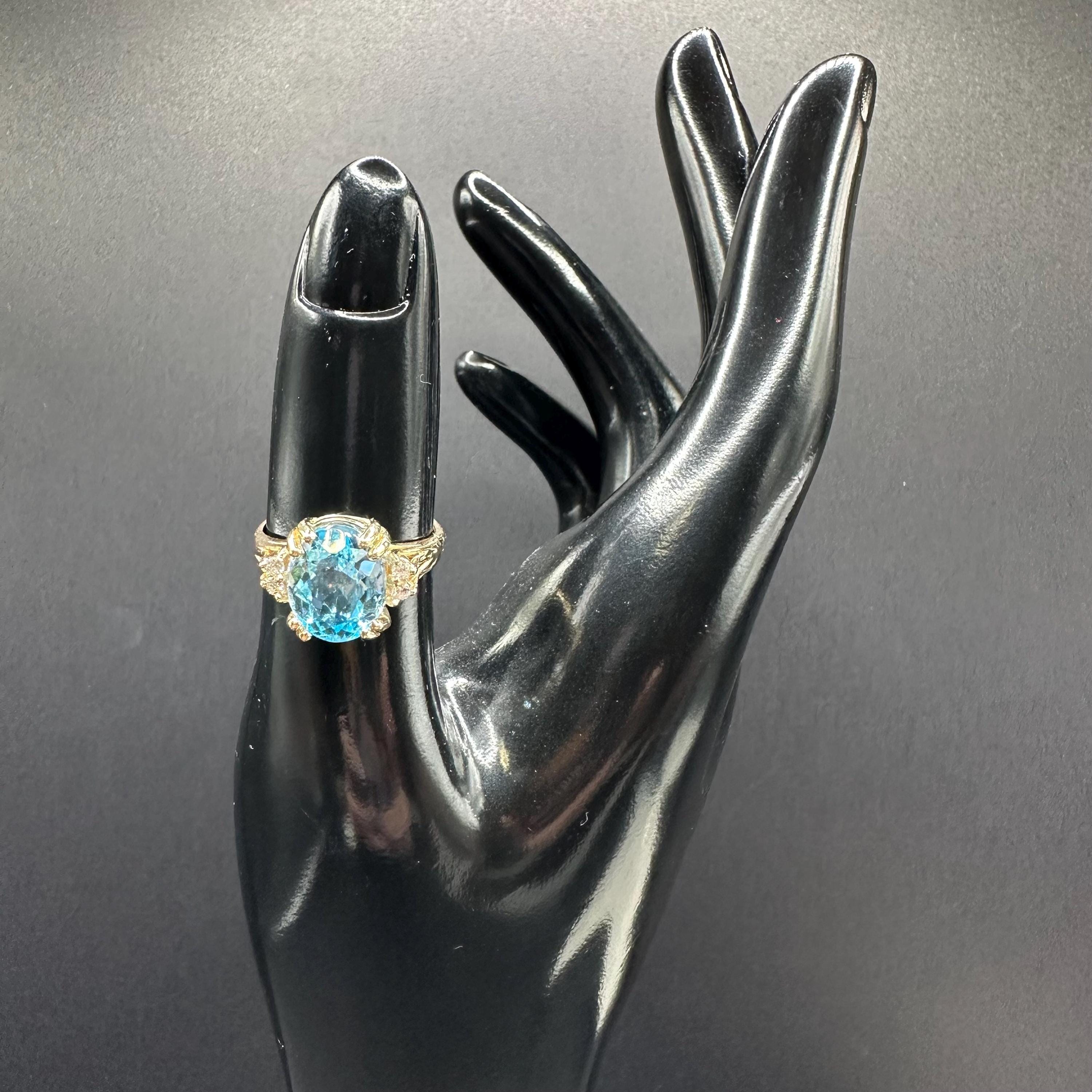 14K Gold Ring with Blue Topaz and Diamonds Size 7