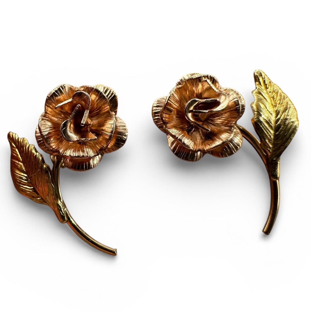 14K Solid Gold Rose Flower Post Earrings, Tri-Color Gold Floral Design
