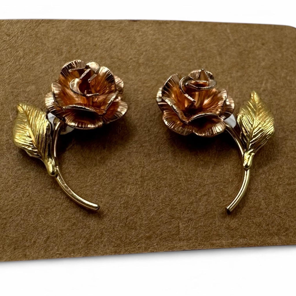 14K Solid Gold Rose Flower Post Earrings, Tri-Color Gold Floral Design
