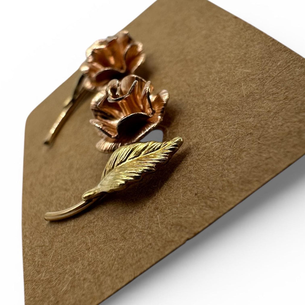 14K Solid Gold Rose Flower Post Earrings, Tri-Color Gold Floral Design