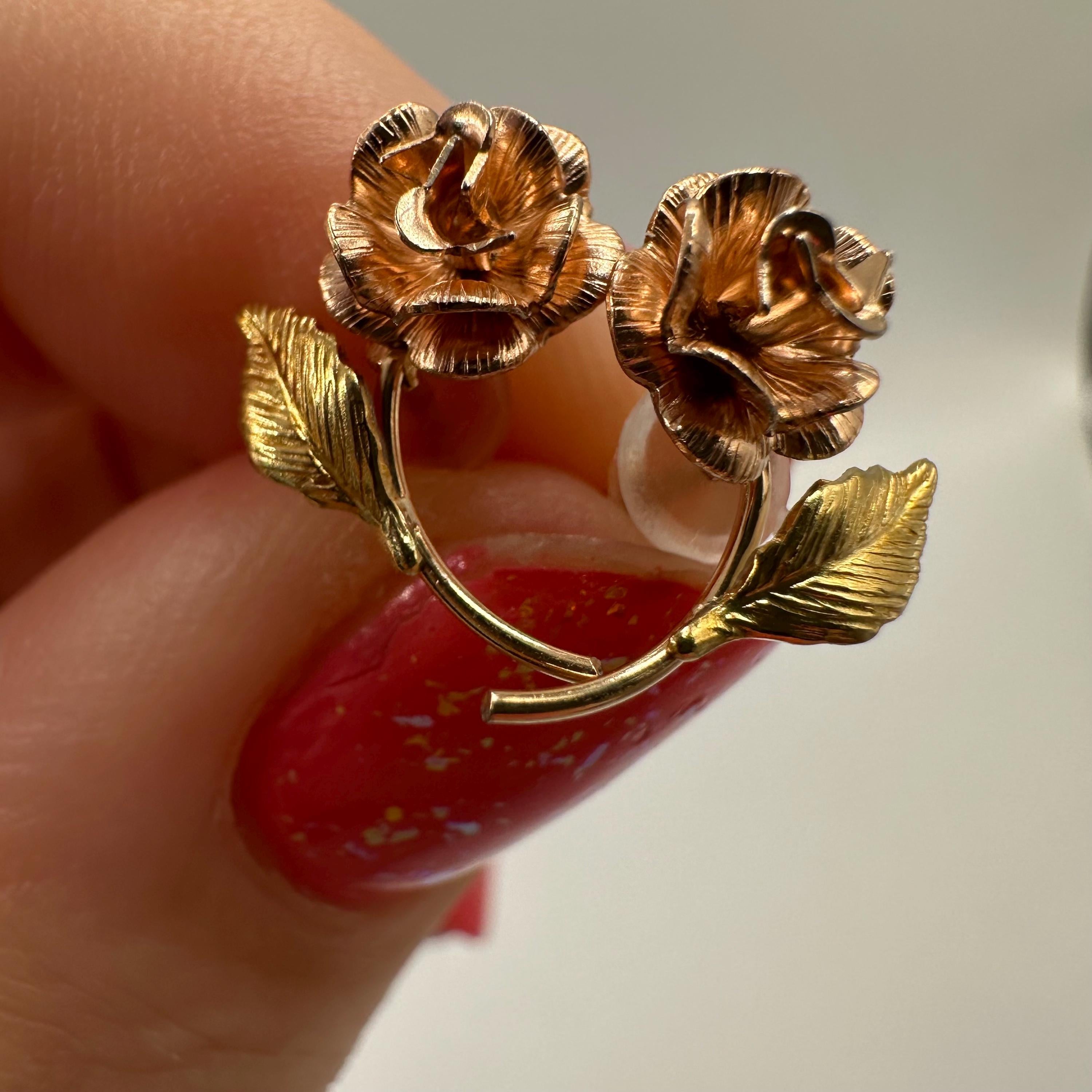 14K Solid Gold Rose Flower Post Earrings, Tri-Color Gold Floral Design