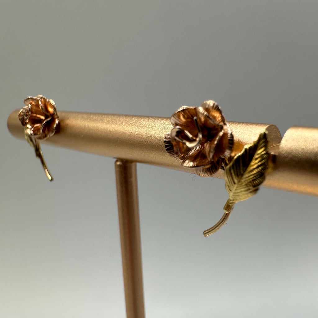 14K Solid Gold Rose Flower Post Earrings, Tri-Color Gold Floral Design