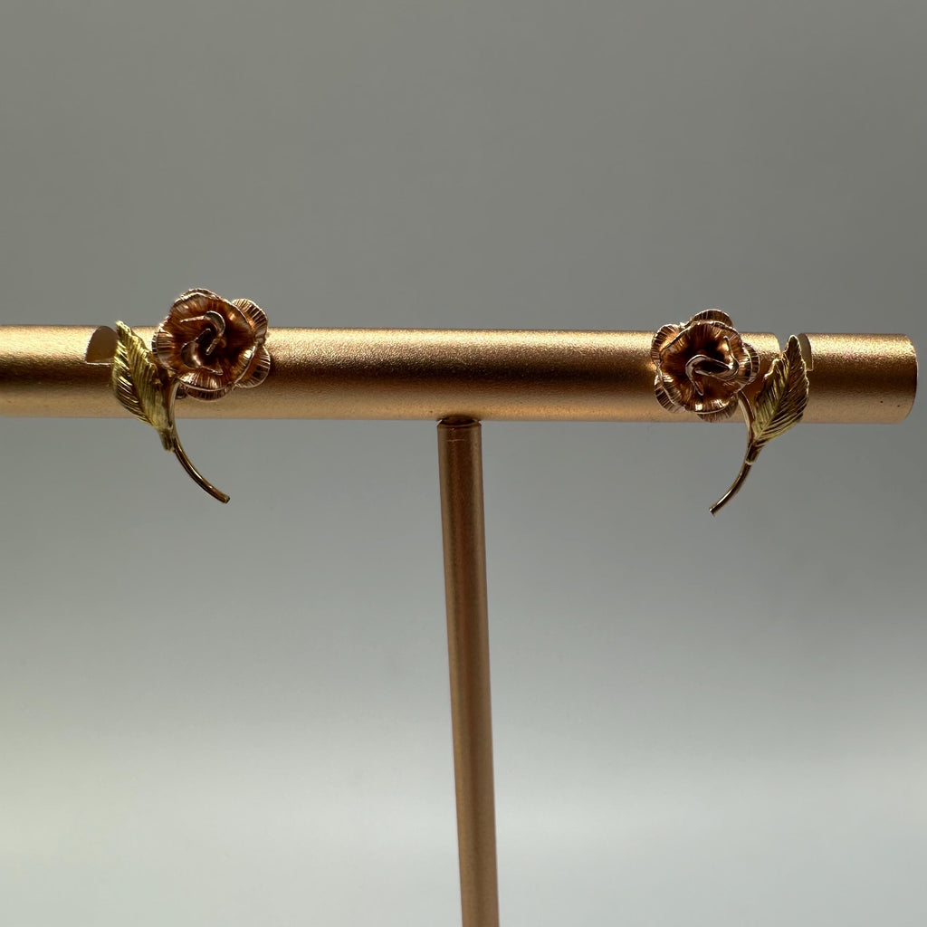 14K Solid Gold Rose Flower Post Earrings, Tri-Color Gold Floral Design