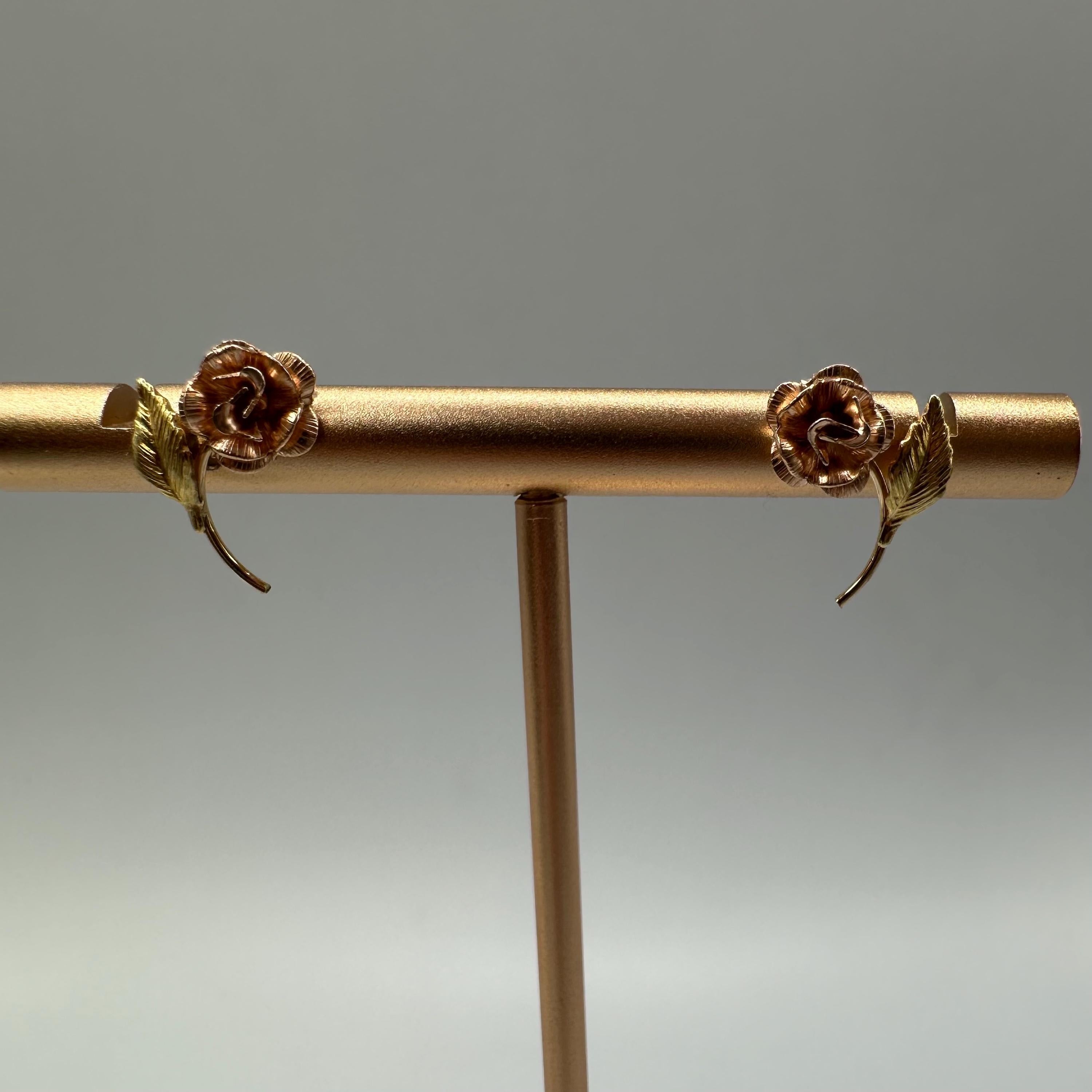 14K Solid Gold Rose Flower Post Earrings, Tri-Color Gold Floral Design