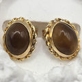 14K Solid Gold Tiger’s Eye Stud Earrings, Oval Cabochon Rope Bezel Studs