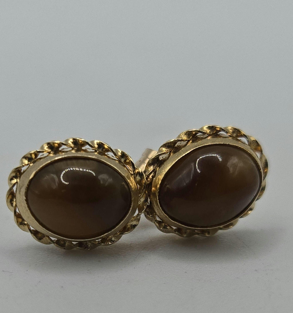14K Solid Gold Tiger’s Eye Stud Earrings, Oval Cabochon Rope Bezel Studs
