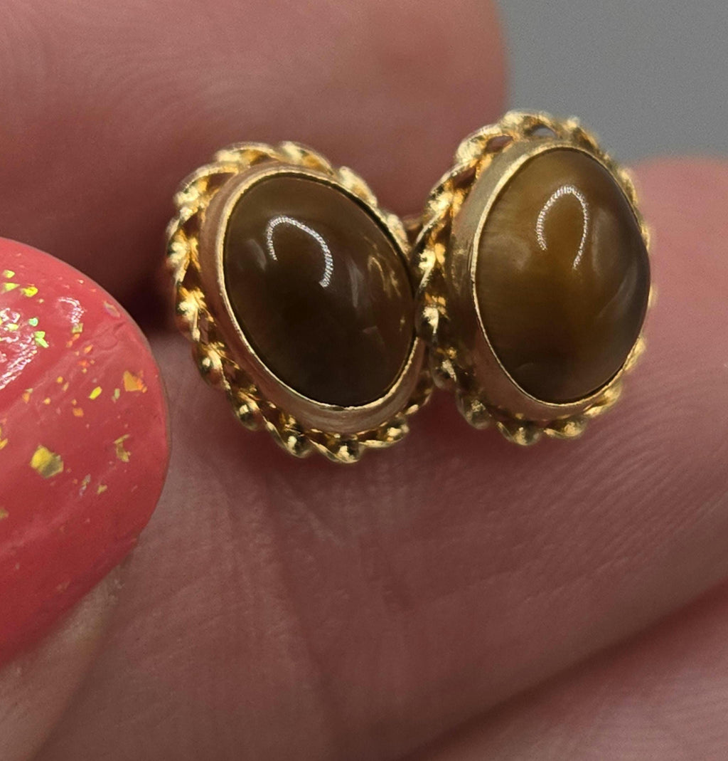 14K Solid Gold Tiger’s Eye Stud Earrings, Oval Cabochon Rope Bezel Studs