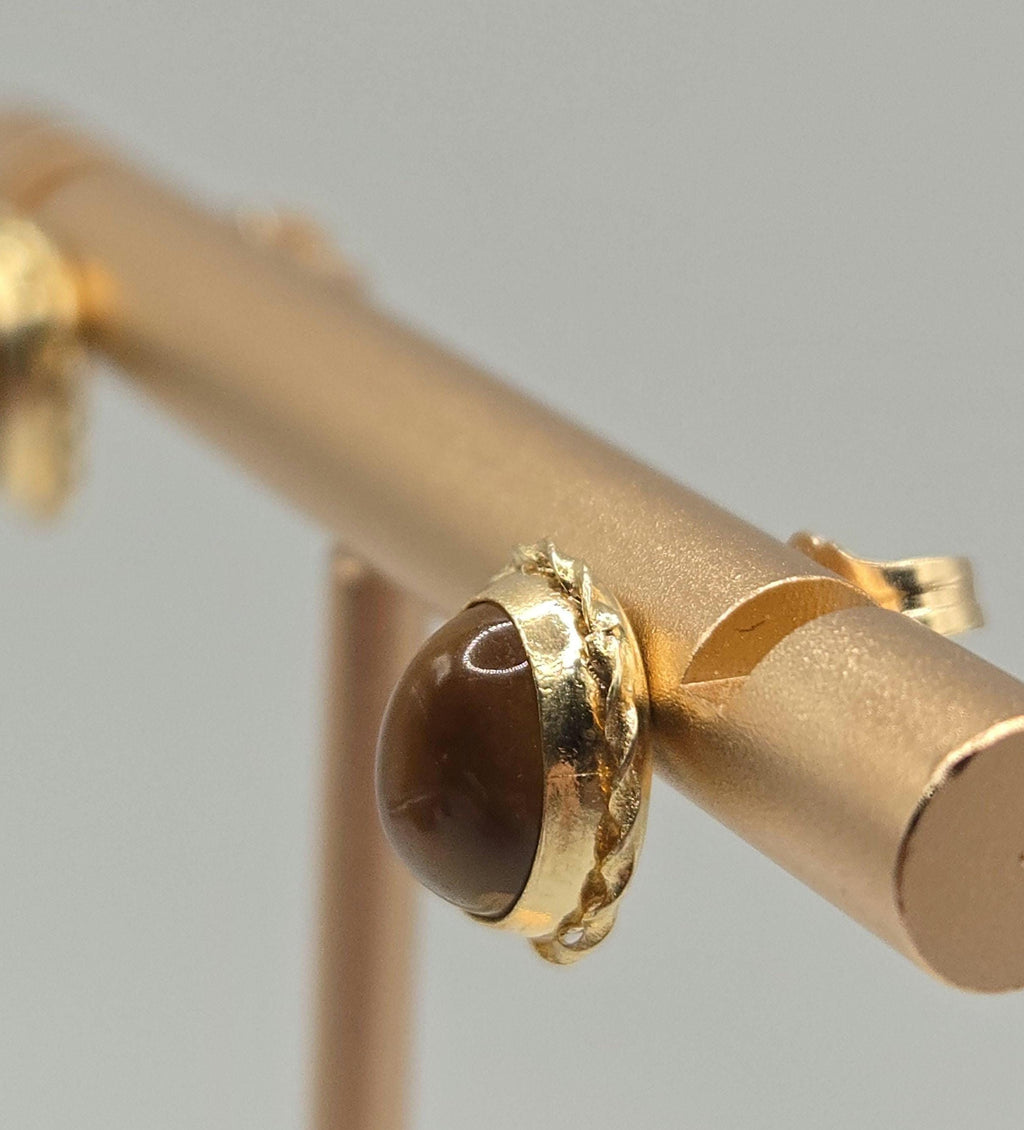 14K Solid Gold Tiger’s Eye Stud Earrings, Oval Cabochon Rope Bezel Studs
