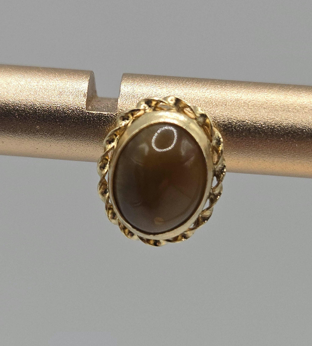 14K Solid Gold Tiger’s Eye Stud Earrings, Oval Cabochon Rope Bezel Studs