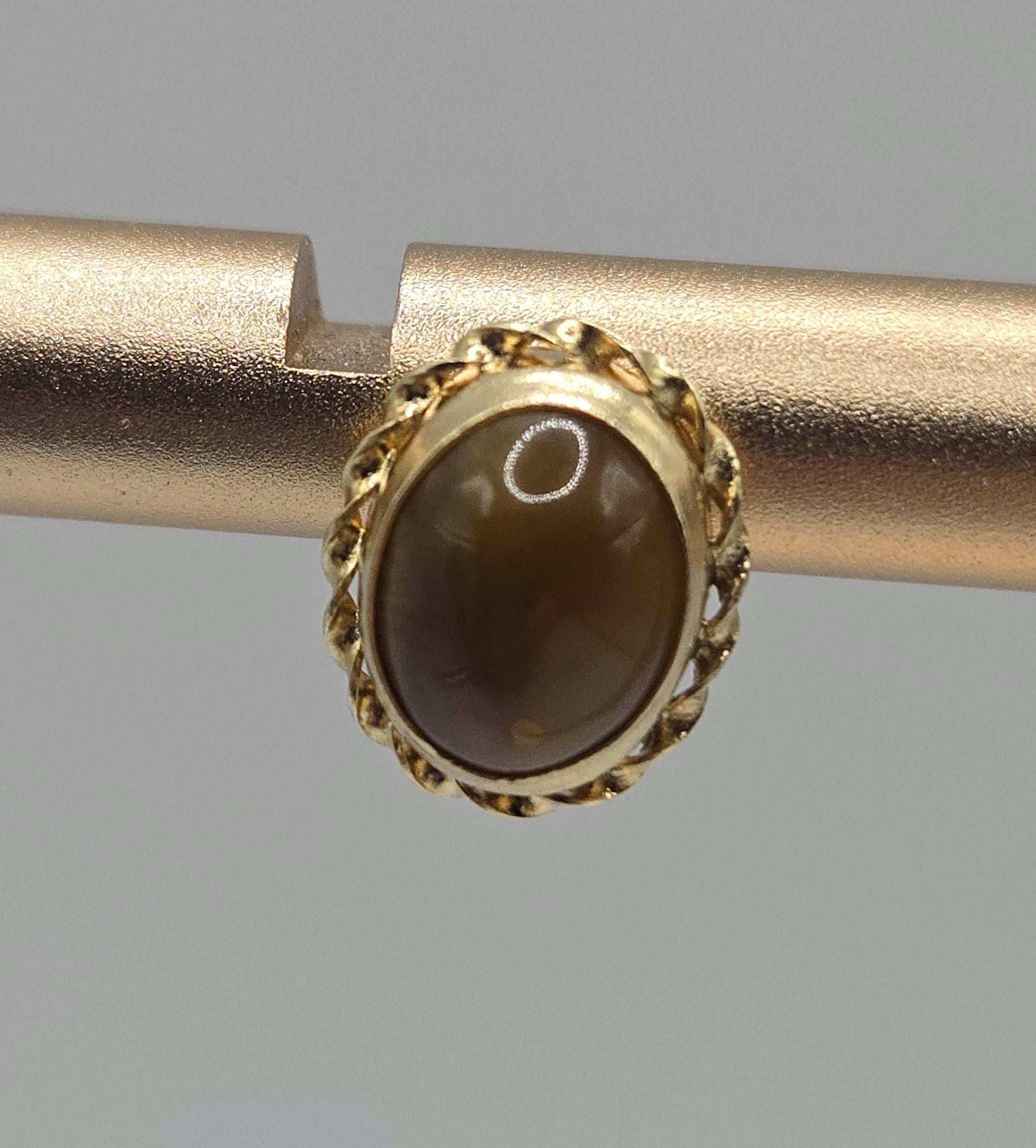 14K Solid Gold Tiger’s Eye Stud Earrings, Oval Cabochon Rope Bezel Studs