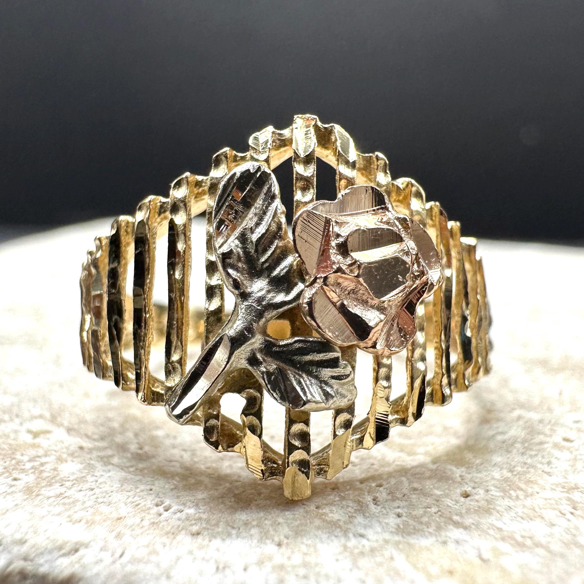 14K Solid Tri-Color Gold Michael Anthony Rose Cage Ring Vintage Size 6